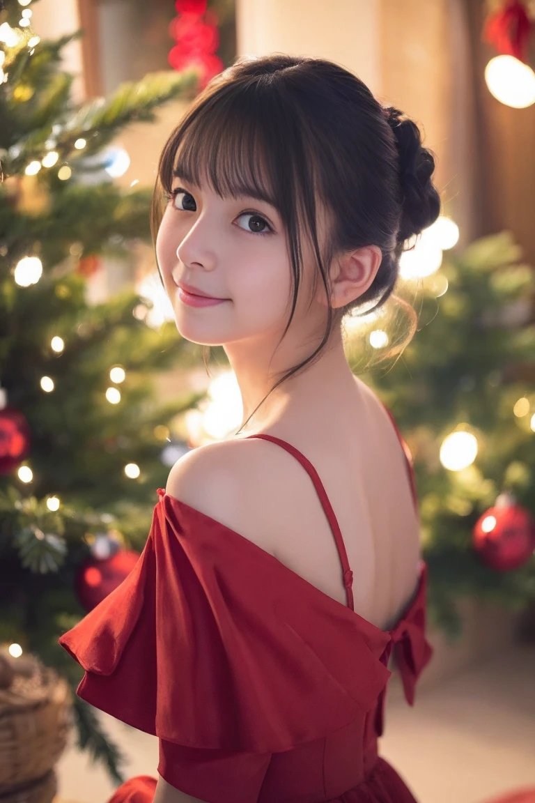 (girl in a beautiful red dress, Standing in front of a beautifully decorated Christmas tree),Illustration,Christmas,Fun atmosphere,Twinkling lights,soft snowflakes fall,Best Quality,4K,Ultra-detailed,Vibrant colors,pine scent,Cozy,romantic,Cheerful,breathtaking scenery,Warmth,Happiness,Magical,Holiday spirit,Winter wonderland,pure love and kindness.、off shoulders、I keep my hair up and short、a 、backs、Shot from directly above、Face down sleep