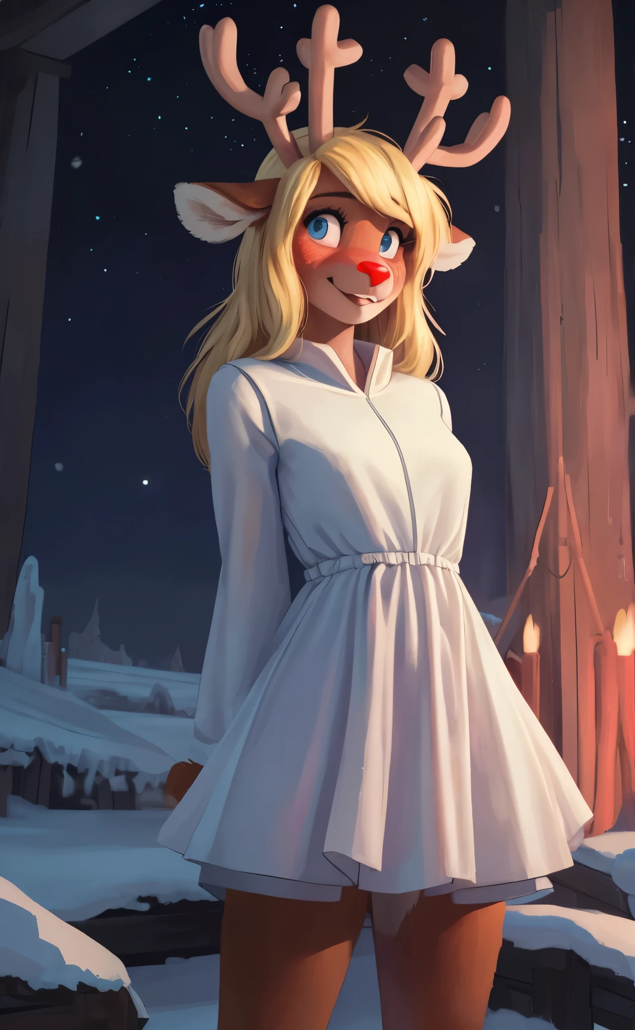 [noelleholiday], [Deltarune], [Uploaded to e621.net; (Pixelsketcher), (wamudraws), (woolrool)], ((masterpiece)), ((HD)), ((highres)), ((solo portrait)), ((furry; anthro)), ((detailed fur)), ((detailed shading)), ((beautiful render art)), ((intricate details)), ((mystical)), ((D&D)), {anthro reindeer; (slim figure), brown fur, red nose, (cute cyan surprised eyes), (short eyelashes), (reindeer antlers), (droopy deer ears), long blonde hair, short fluffy tail, (beautiful defined legs), (blushing), (cute smile)}, {(long white dress), (long sleeves)}, {(standing), (arms behind back), (looking at viewer)}, [background; (snowy plains), (luminescent crystals), (cosmic sky), (ambient lighting)]