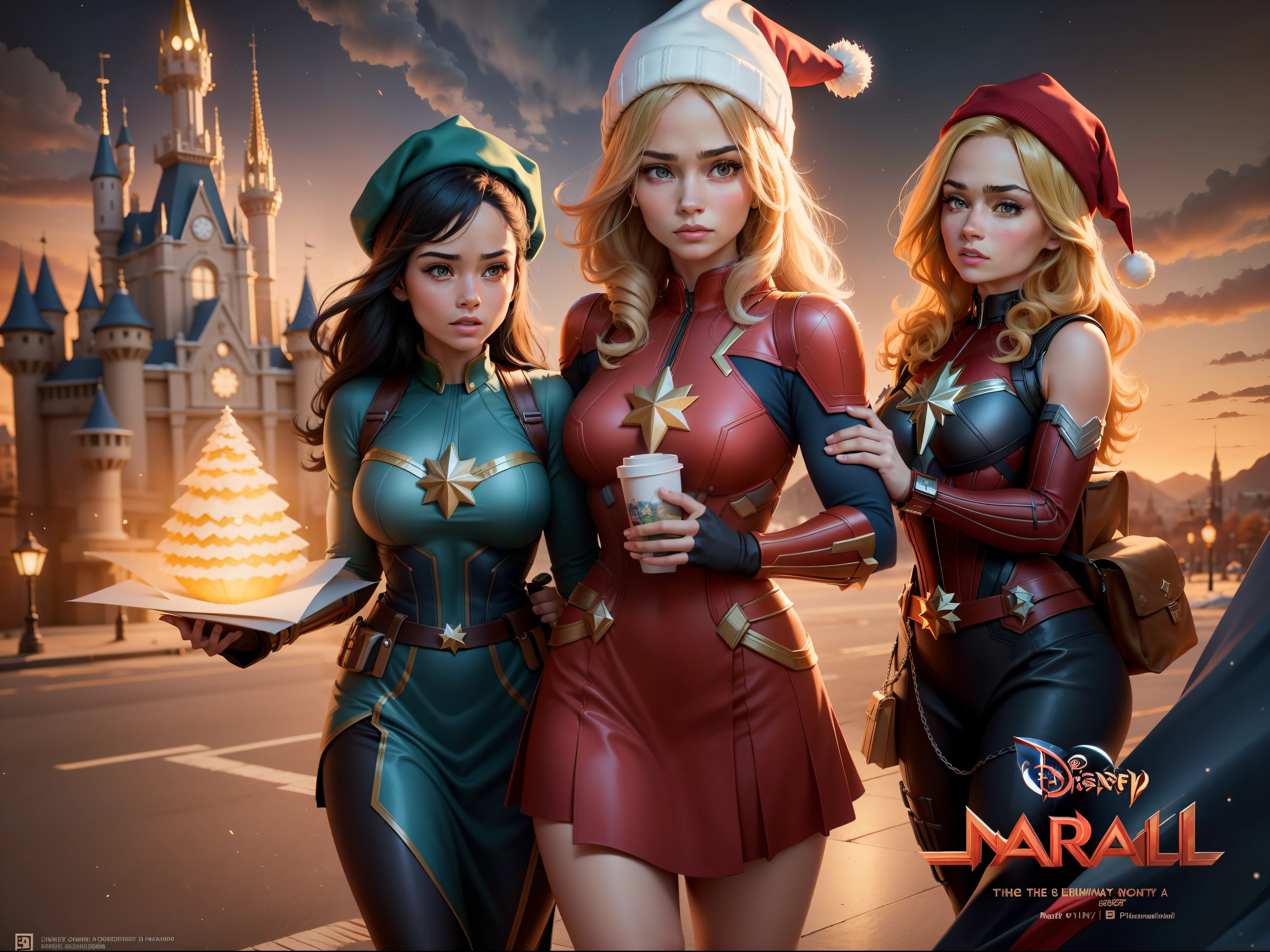 a poster for a Disney Pixel cartoon with three heroines, sendo lider a HEROI DOS DESENHOS Mulher-Maravilha usando Gorro EM CLIMA DE NATAL,  A BACKPACK ON YOUR BACK in leadership, behind comes Captain Marvel, com mala de viagem de rodinhas e a SUPER GAROTA, usando o gorro do papel Noel, all three looking at me, proportions made, Imagem centralizada, visualmente rico, realista, Mschiffer, Pixel Disney 3D, organic and textured landscapes, DAZ3D, material de grupo, realista, --AR 3:2nd Disney Pixel poster