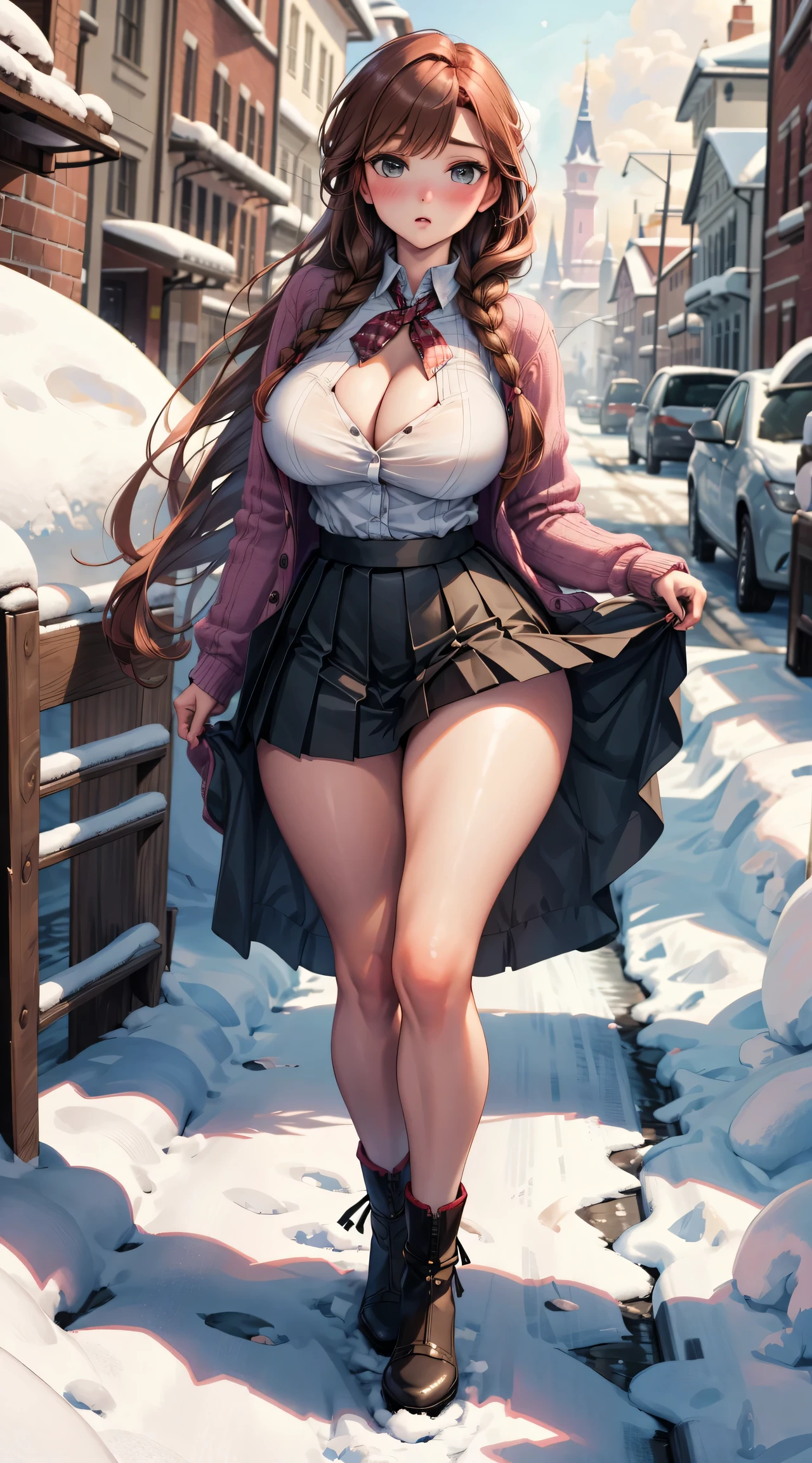 woman, ((Masterpiece, best quality)), full body view, sexy, bursting huge breasts, detailed skin, Anna from Frozen clothes, highly detailed, cinematic lighting, ultra realistic, blush, looking at viewer,  anna, anna from frozen, princess, disney, brown hair, long hair, portrait, outdoor, snow,  cleavage,  large breasts,  wide hips, full body view, tall, 
skirt, miniskirt, microskirt, pleated skirt, thighs,