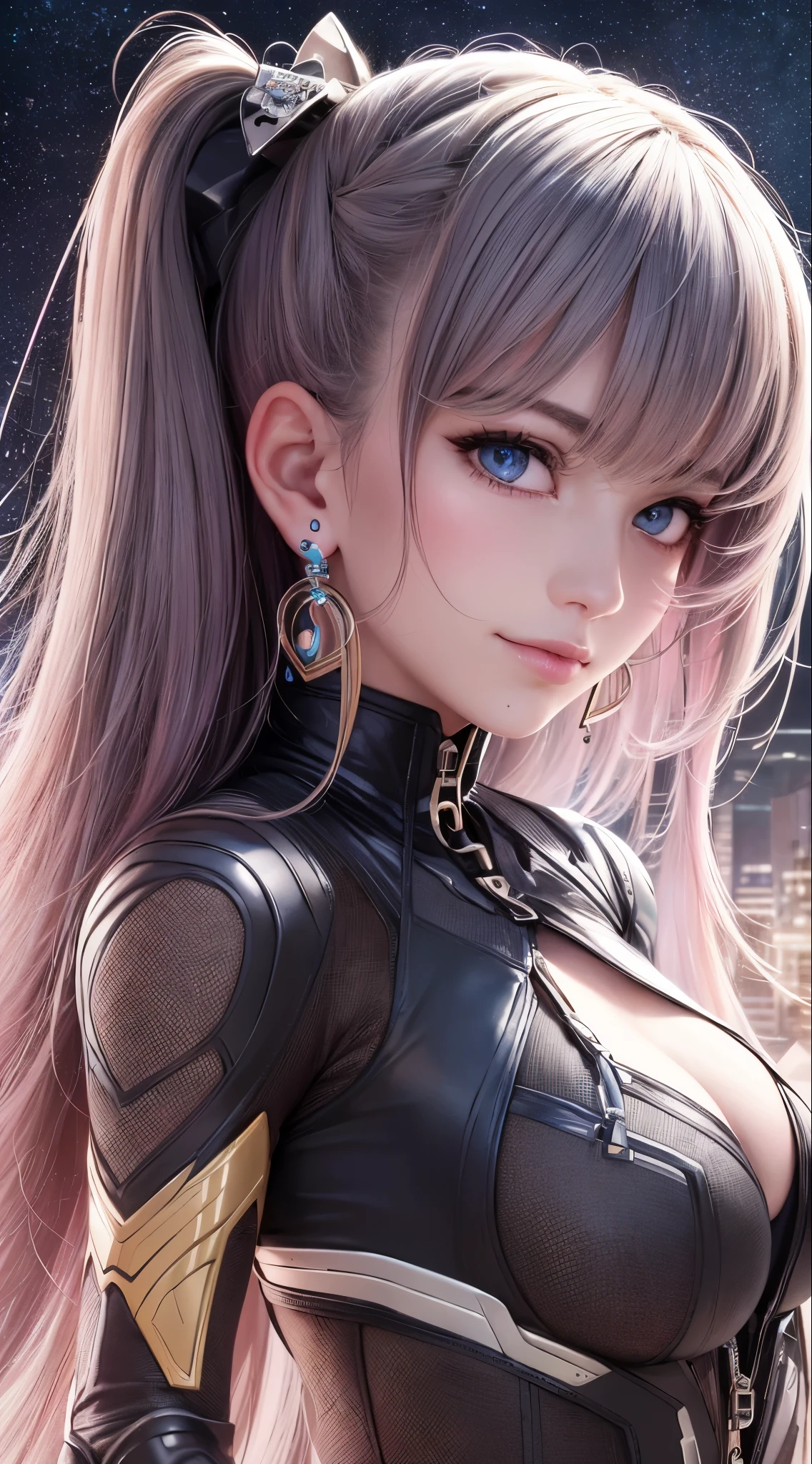 (best quality:1.0), (ultra highres:1.0), 1 girl, detailed beautiful skin, (kind smile:1.0), solo, (masterpiece:1.0), (best quality:1.4), (ultra highres:1.2), (photorealistic:1.4), 8k resolution, Canon EOS R5, 50mm, absurdres, ultra detailed, sharp focus, cinematic lighting, detailed beautiful face, petite figure, detailed skin texture, pale skin, thigh gap, detailed hair, random hair style, perfect eyes, detailed eyes, (glistening skin1.15), ((portrait photo)), hair accessories, ear rings, futuristic, complex background, cyberpunk city street, night, cyborg, robotic parts, futuristic weapons and accessories, ray lighting, backlighting, closeup photo, blue tone background