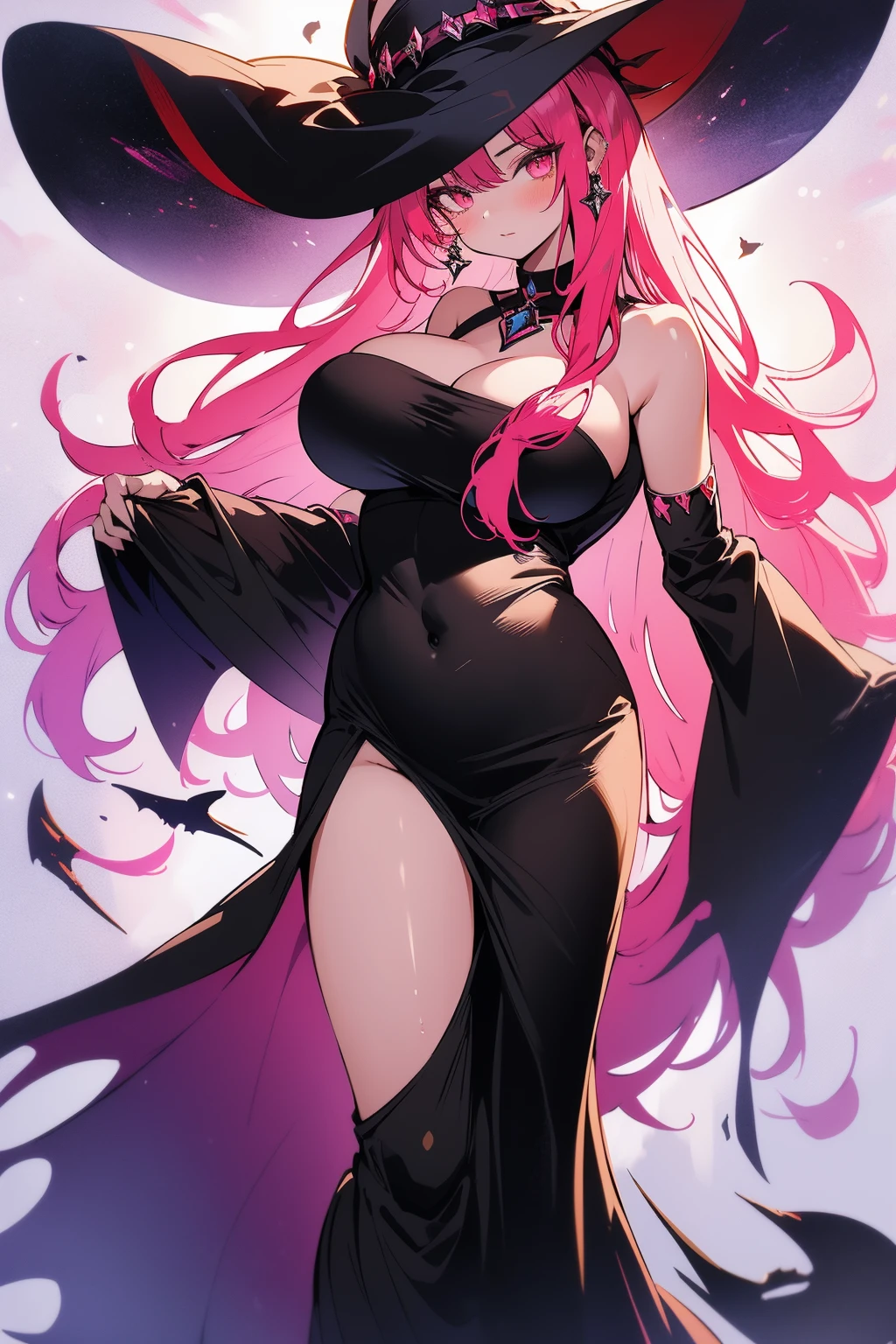 seductive witch, very large hat, witch hat, long pink hair, dreamlike, cinematic, epic, dramatic ambient, flowing, beautiful, highly detailed, complex, vibrant colors, sharp focus, elegant, very inspirational, fine detail, clear, color, artistic, surreal, iconic, high quality, 8k, (((big breasts))), big thighs, short dress, visible shoulder, (visible hips), anime, mischievous face, straight bangs, (dawn), perfect face, ((full body shot)), (sexy), dynamic view, ((beautiful background)), ((dark eyes)), (slightly nsfw)
