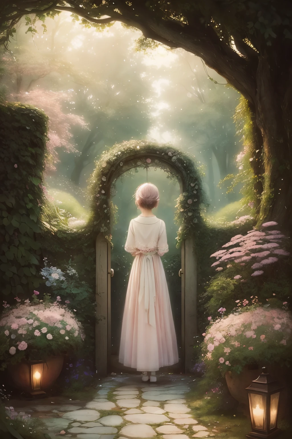 Secret Garden, dreamy, pastel-toned, romantic, warm, fantasy, mellow, soft, cozy, moist, Silke Leffler, Gabriel Pacheco, Chihiro Iwasaki, Oliver Jeffers, captivating,