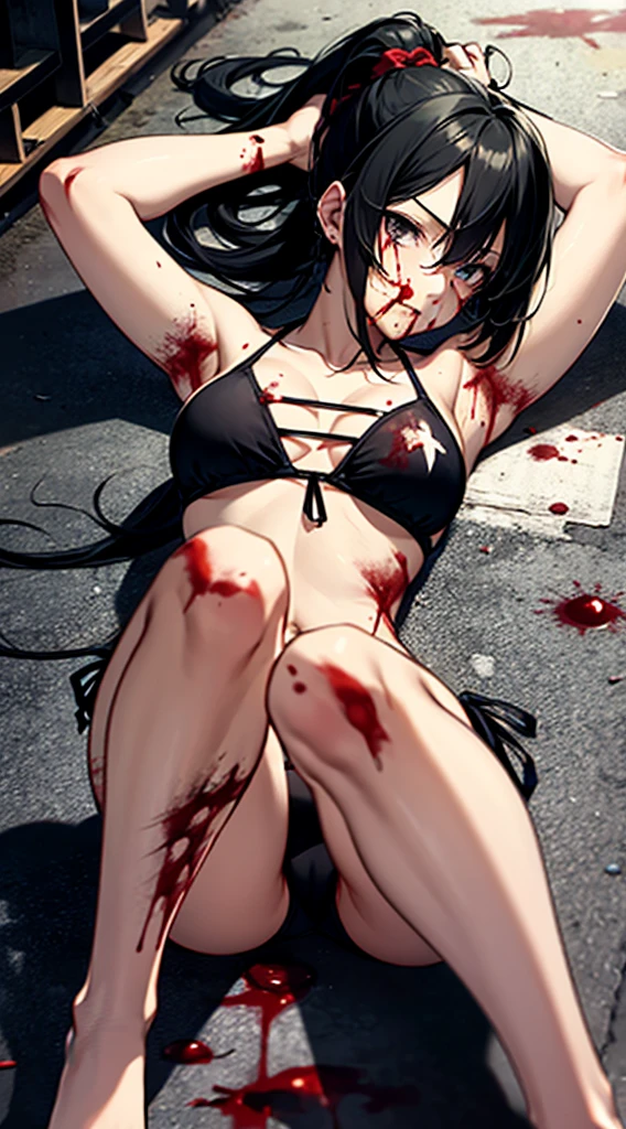 Anime girl wearing a string bikini,Black Hair, long-haired, long ponytail,มีBlood stains on the body... Blood stains on bikini Blood stains on arms and legs, Blood stains on the body...