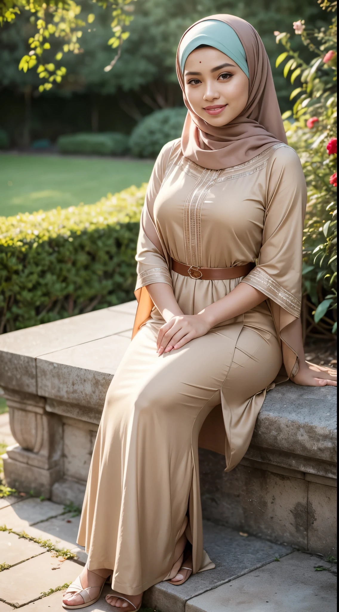(Close Up),RAW, Best quality, high resolution, masterpiece: 1.3), beautiful Malay woman in hijab,Masterpiece, perfect slim fit body,small breast, big gorgeous eyes, Soft smile,beautiful face,thick thighs, woman sitting on a bench wearing a light beige dress and a black purse, simple dress, olive beige, beige dress with a black hood, soft silk dress, long dress female, stylish dress, modest flowing gown, long dress, sophisticated dress, she wears a dark beige dress, olive, flowing dress, hijab, beautiful silky dress, full covered dress, Excellent lighting, Bright colors, Clean lines