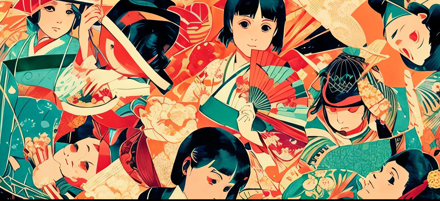 um close de um grupo de mulheres em roupas tradicionais japonesas, No estilo de arte de Ukiyo - E, Kubo animated film, Directed by: Rumiko Takahashi, estilo ukiyoe, ( ( Victo ngai ) ), Victo ngai fine texture, japanese animation, Directed by: Yuko Shimizu, japanese animation style, Victo ngai! cores silenciadas