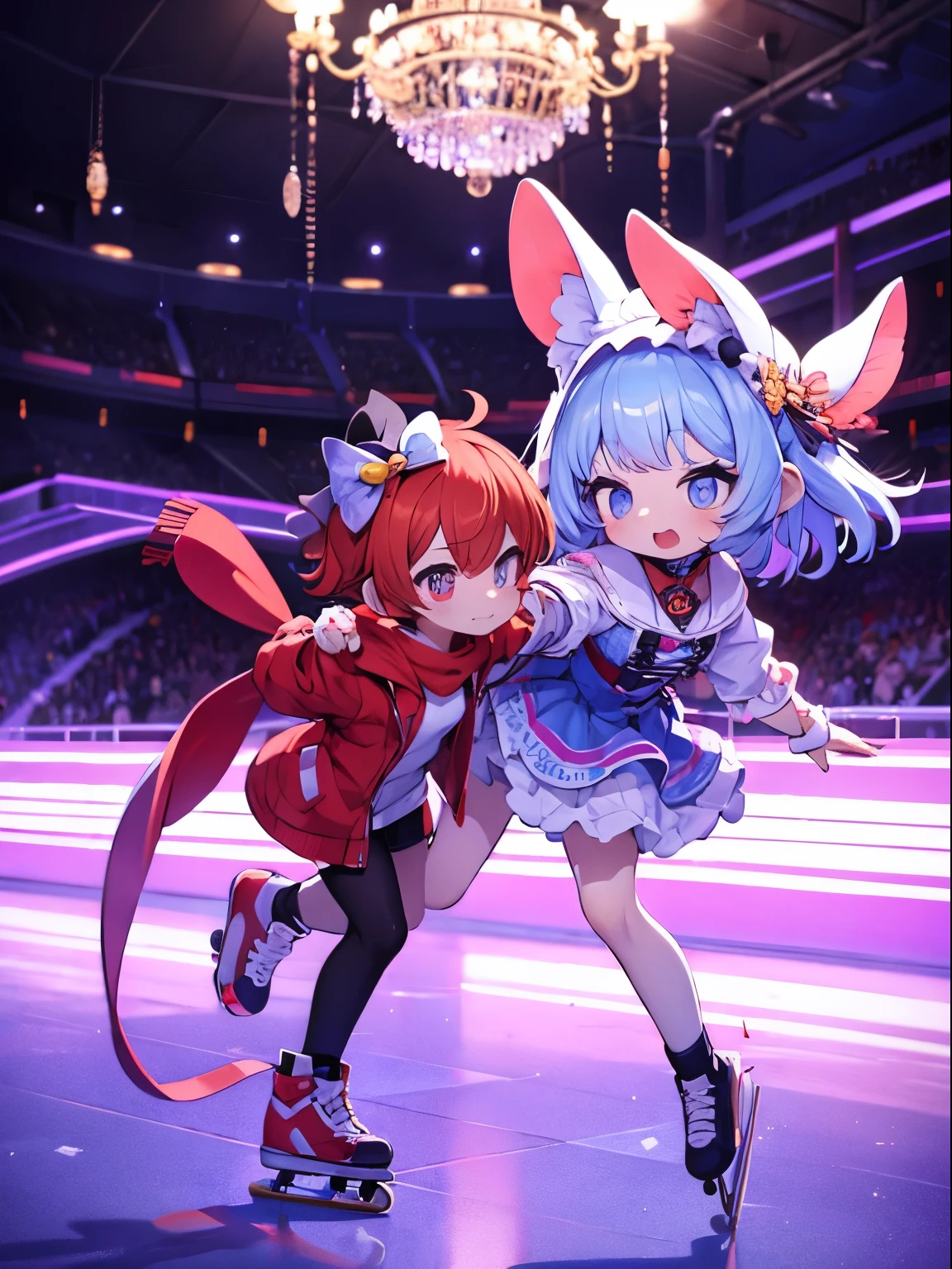 ​masterpiece,cute girl and real kitten, skating, linked,Figure skating costumes, linked