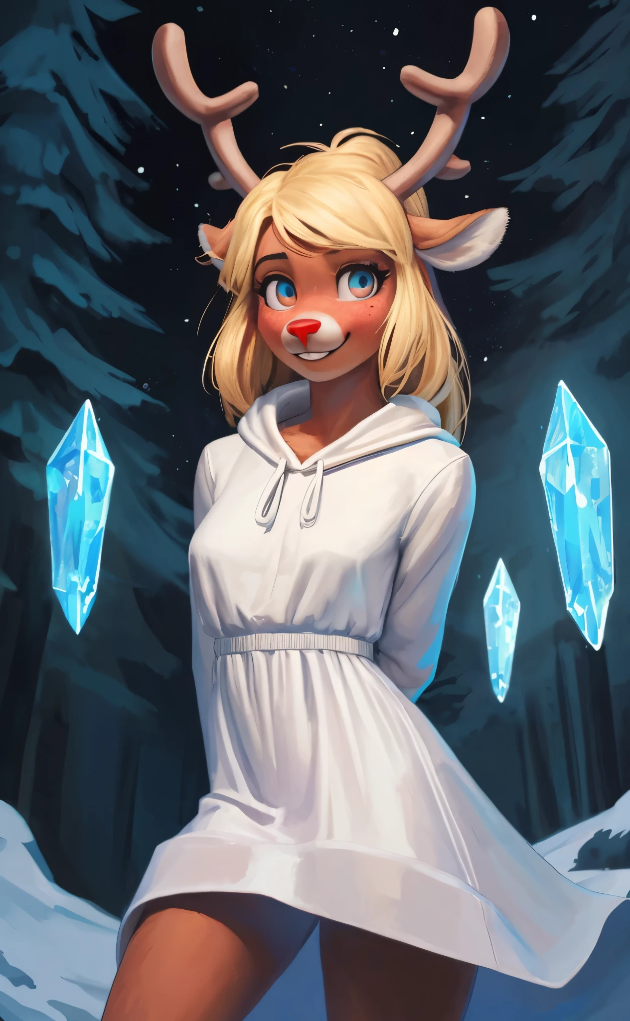 [noelleholiday], [Deltarune], [Uploaded to e621.net; (Pixelsketcher), (wamudraws), (woolrool)], ((masterpiece)), ((HD)), ((highres)), ((solo portrait)), ((furry; anthro)), ((detailed fur)), ((detailed shading)), ((beautiful render art)), ((intricate details)), ((mystical)), ((D&D)), {anthro reindeer; (slim figure), brown fur, red nose, (cute cyan eyes), (short eyelashes), (reindeer antlers), (droopy deer ears), long blonde hair, short fluffy tail, (white spots on thighs), (beautiful defined legs), (blushing), (cute smile)}, {(long white dress), (long sleeves)}, {(standing), (arms behind back), (looking at viewer)}, [background; (snowy plains), (luminescent crystals), (cosmic sky), (ambient lighting)]