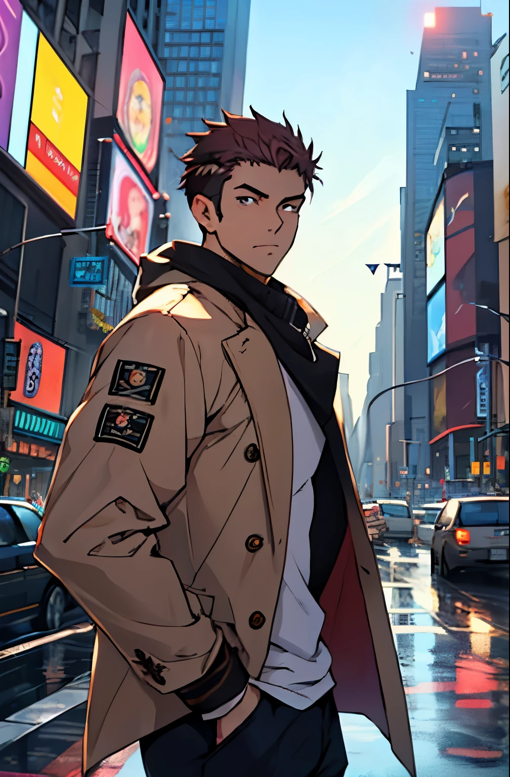 A mais alta qualidade, 8K, image high resolution, Detailed strokes, no meio de uma avenida movimentada estilo Times Square, inverno, apoiado em um dos postes, adolecente, Yuji Itadori, Dark Pink Hair , wearing a cold jacket , slightly unbuttoned jacket showing a bit of his chest, masculo, chest a little tight in the shirt , (angulo de baixo), (Rosto Perto), pernas definidas, defined arms, abdomen definido, com a camisa,