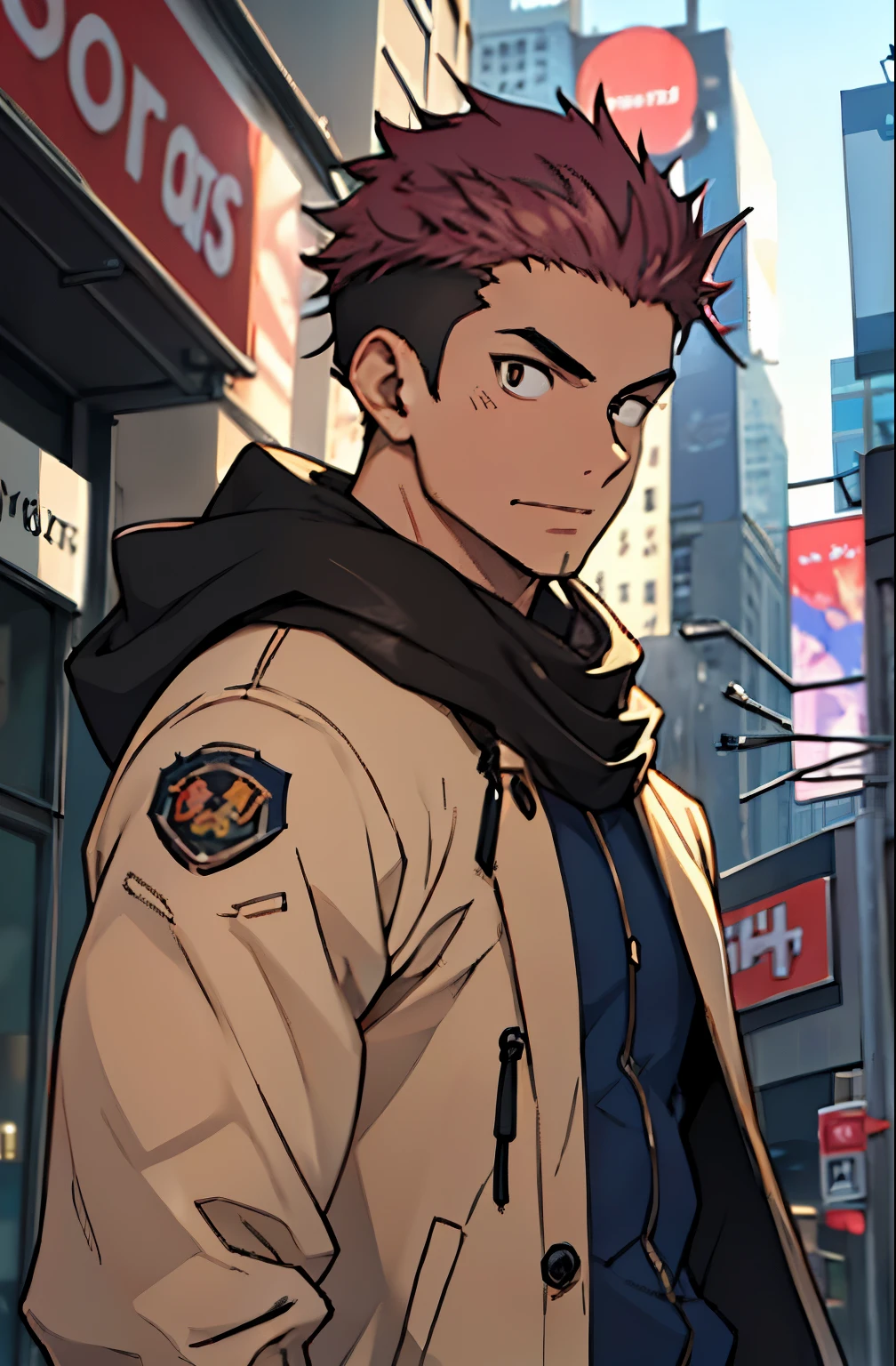 A mais alta qualidade, 8K, image high resolution, Detailed strokes, no meio de uma avenida movimentada estilo Times Square, inverno, apoiado em um dos postes, adolecente, Yuji Itadori, Dark Pink Hair , wearing a cold jacket , slightly unbuttoned jacket showing a bit of his chest, masculo, chest a little tight in the shirt , (angulo de baixo), (Rosto Perto), pernas definidas, defined arms, abdomen definido, com a camisa,