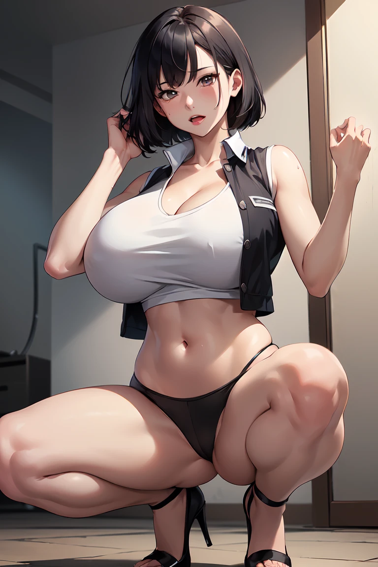 (Best quality at best,Unbeatable masterpiece:1.4),Ultra-detailed CG 4K,black color hair，Wear a white vest，Tong，high-heels，humongous large breast，rendering，humongous large breast，，navel，squatting on the ground，sweat profusely