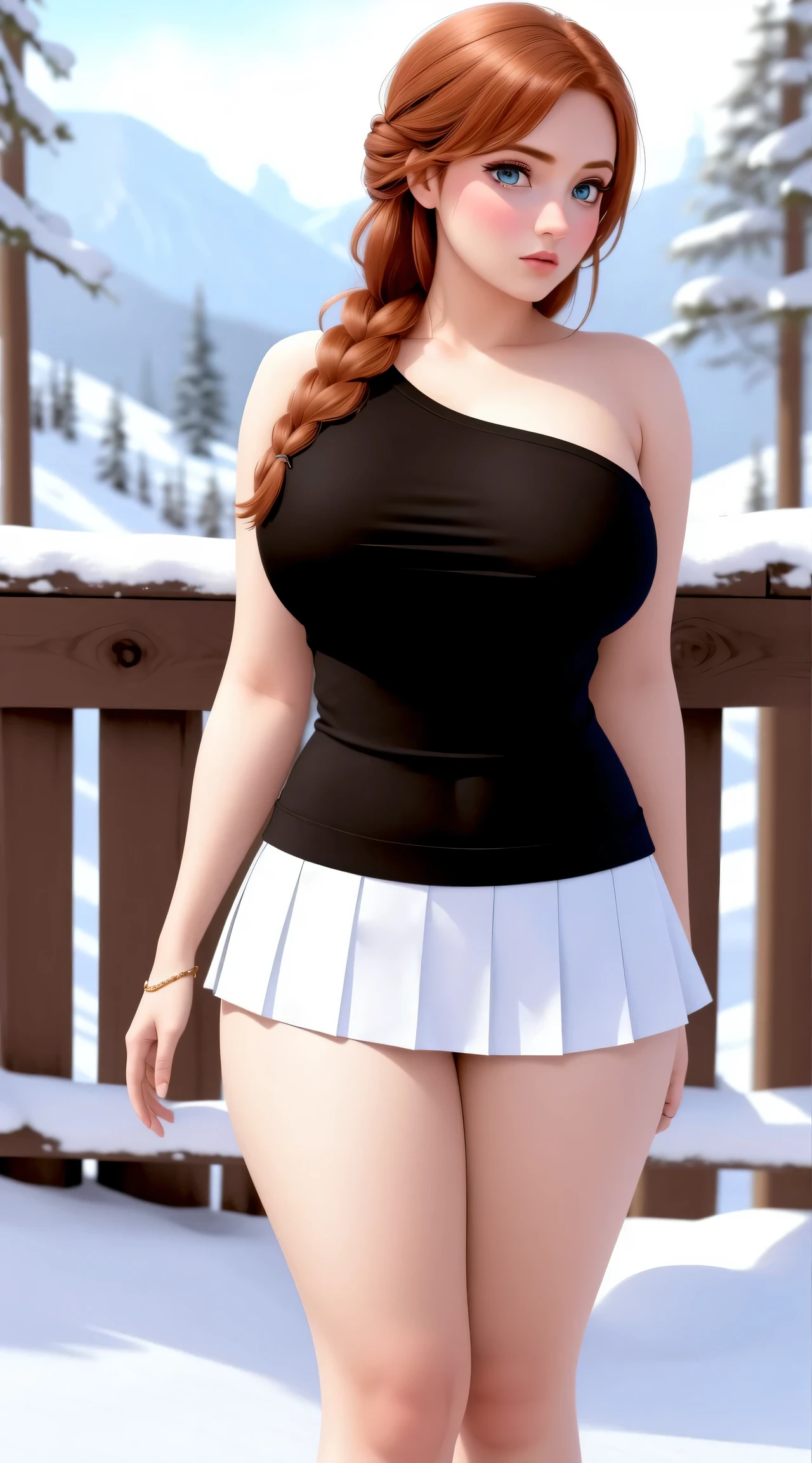woman, ((Masterpiece, best quality)), full body view, sexy, bursting huge breasts, detailed skin, Anna from Frozen clothes, highly detailed, cinematic lighting, ultra realistic, blush, looking at viewer, anna, anna from frozen, princess, disney, brown hair, long hair, portrait, outdoor, snow, cleavage, large breasts, wide hips, full body view, tall,
skirt, miniskirt, microskirt, pleated skirt, thighs,