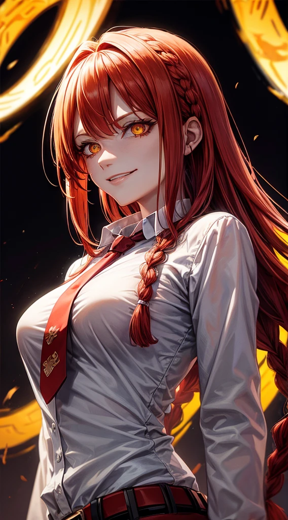 makima (chainsaw man), best quality, ultra detailed, 1girl, solo, standing, red hair, long braided hair, golden eyes, bangs, medium breasts, white shirt, necktie, stare, smile, (evil:1.2), looking at viewer, (interview:1.3), (dark background), from below, sharp contrast , gorgeous detailed eyes, focus , close up shot , glowing orange eyes,front view