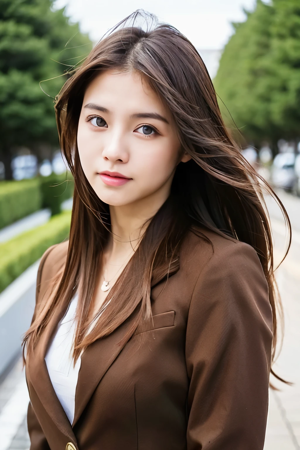 long hair, brown hair, aqua eyes, jacket, standing, High Spirits/Motivated, Brown skin, outdoors, landscape, looking at viewer, thick outline, center, business woman, suit, --niji 7 --ar 1:1 --s 1000