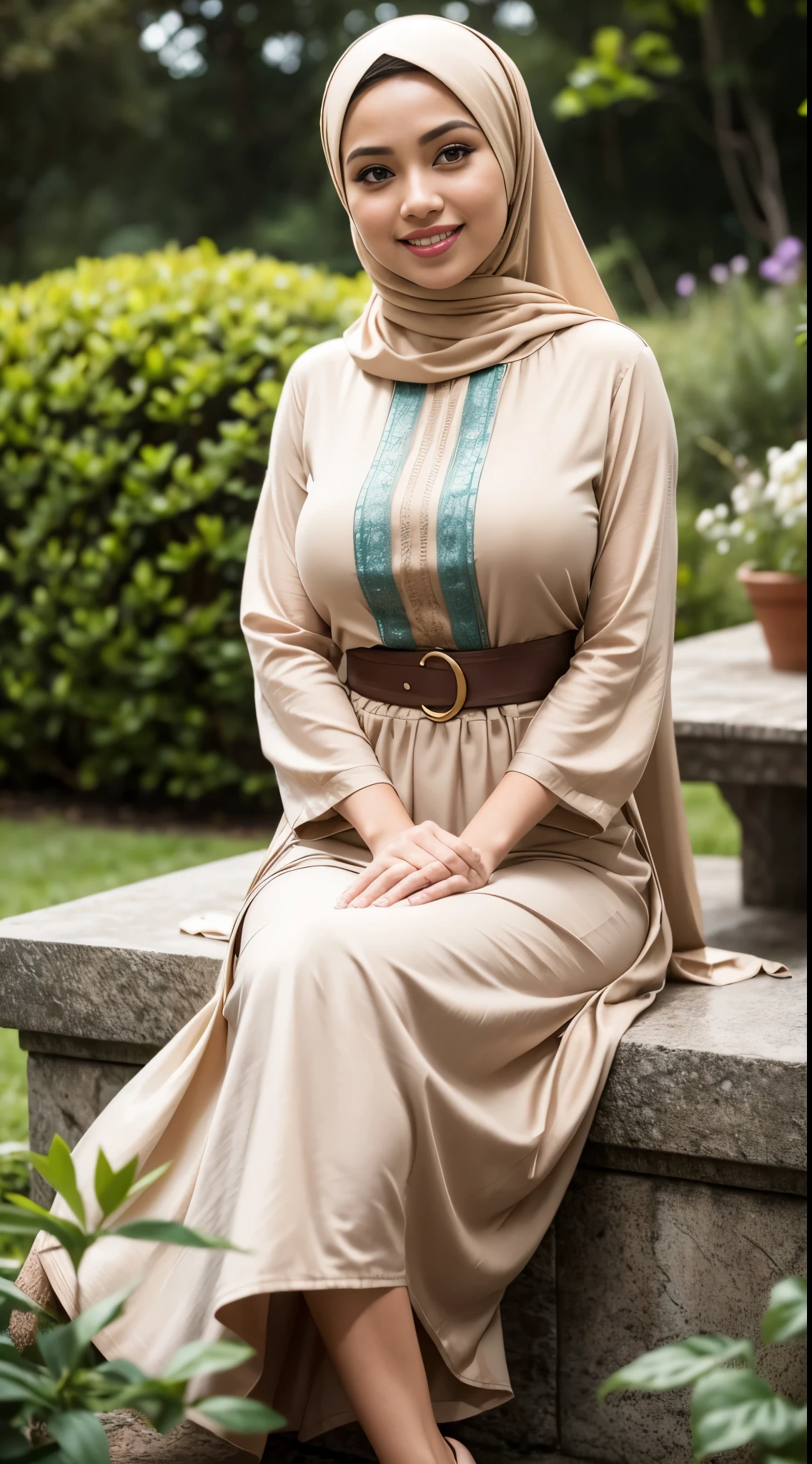 hijabi, Best quality, masterpiece, ultra high res, (photorealistic:1.4), raw photo, 1girl, tight batik dress, framing by flower field, glowing skin, light smile, low angel, pose as pro 