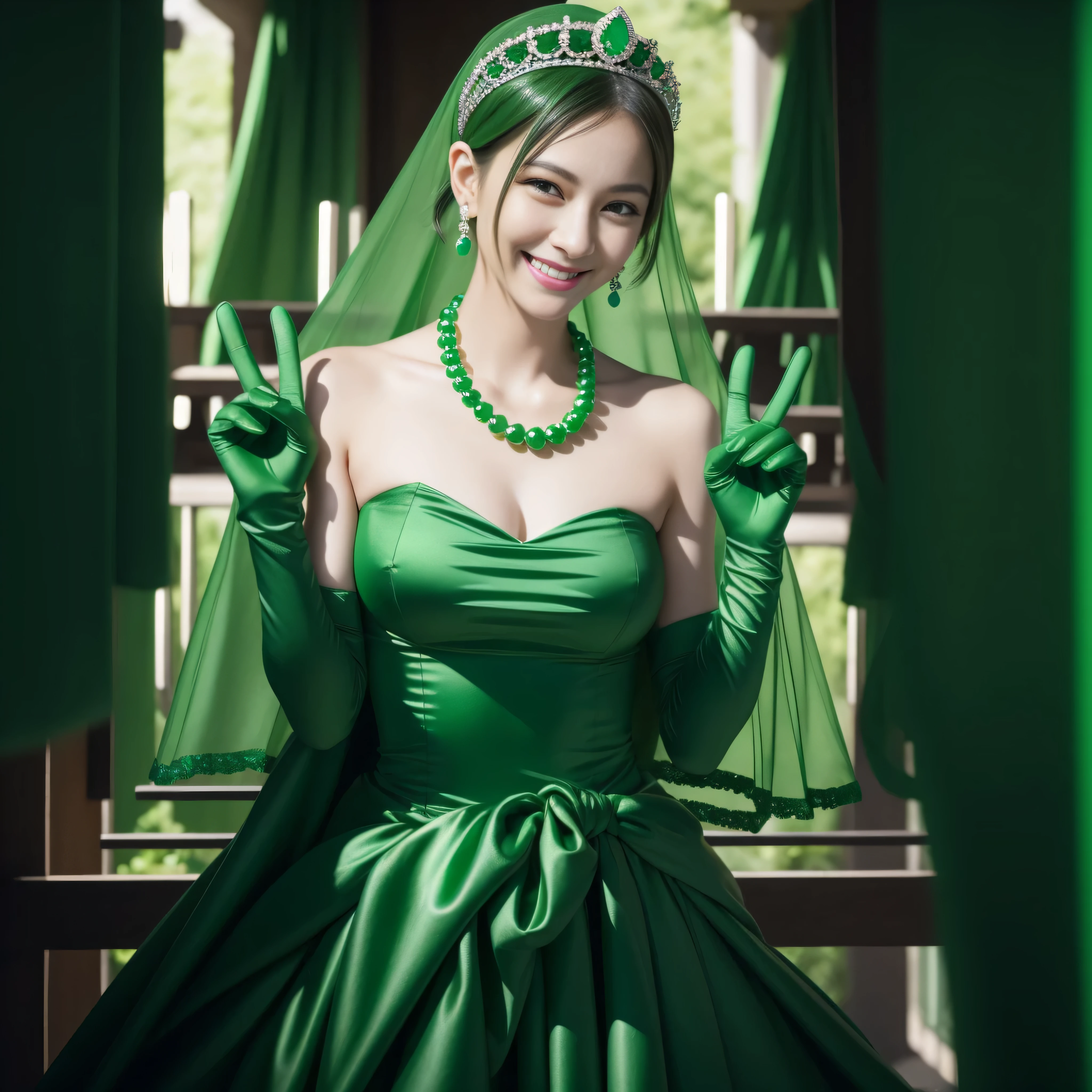 emerald tiara, Green Pearl Necklace, Boyish very short green hair, lipsticks, Japan woman smiling, very short short hair, big breasts beautiful, Green eyes, Long green gloves made of satin material, Green eyes, Emerald Earrings, green vale, v sign