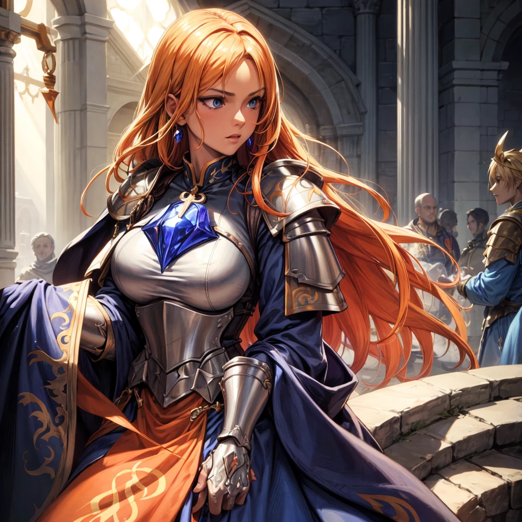 female, tanned skinned,priest,orange vestments,blonde hair,blue eyes,half plate armour,illustration,ultra-detailed,realistic,studio lighting,vivid colors,sharp focus,portraits,blue color palette,sunlight, ruby and sapphires