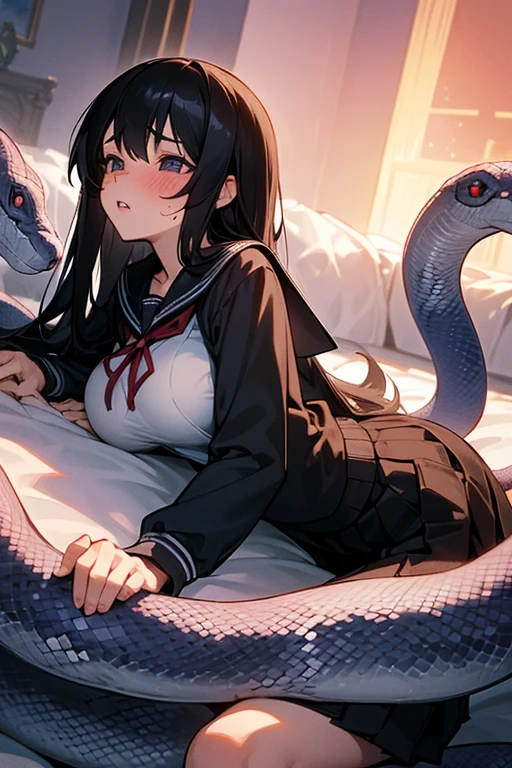 nsfw, girl lays on a bed, 1girl, solo, breasts, ,black hair, long hair ,((lying on back)),black long-sleeved sailor uniform, black pleated skirt, (open clothes: 1.0), (Background: on bedroom bed),(large breasts),blush,(embarrassed), surprised, (upset:1.0), parted lips, sweat, (snakes 1.5), (snake tail), (Diagonal angle:1.5), pretty girl, (looking up:1.0), sunset, steam, best quality,detailed,high resolution,