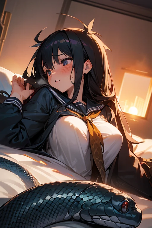 (nsfw:1.0), girl lays on a bed, 1girl, solo, breasts, ,black hair, long hair ,((lying on back)),black long-sleeved sailor uniform, black pleated skirt, (messy clothes: 1.5), (Background: on bedroom bed),(large breasts),blush,(embarrassed), surprised, (upset:1.0), parted lips, sweat, (snakes 1.5), (snake tail), (Diagonal angle:1.5), pretty girl, (looking up:1.0), sunset, steam, best quality,detailed,high resolution,