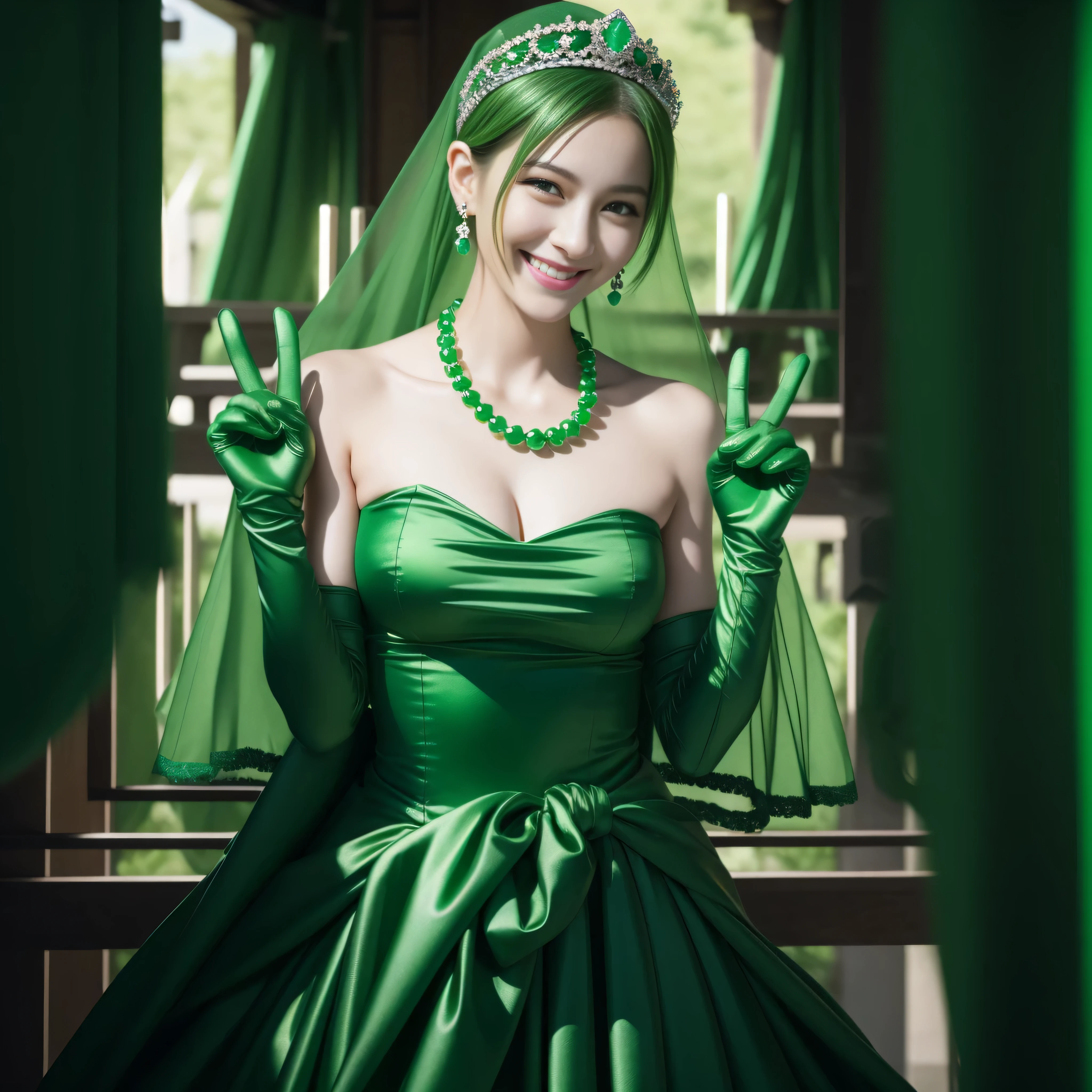 emerald tiara, Green Pearl Necklace, Boyish very short green hair, lipsticks, Japan woman smiling, very short short hair, big breasts beautiful, Green eyes, Long green gloves made of satin material, Green eyes, Emerald Earrings, green vale, v sign