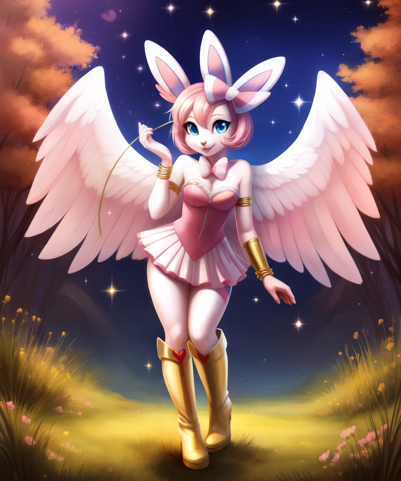 Female anthro sylveon as a Cupid, white soft wings, pink lipstick, bow and arrows, light pink boots, white and golden boots, golden bracelets, sparkles, heart trees, pink grass
