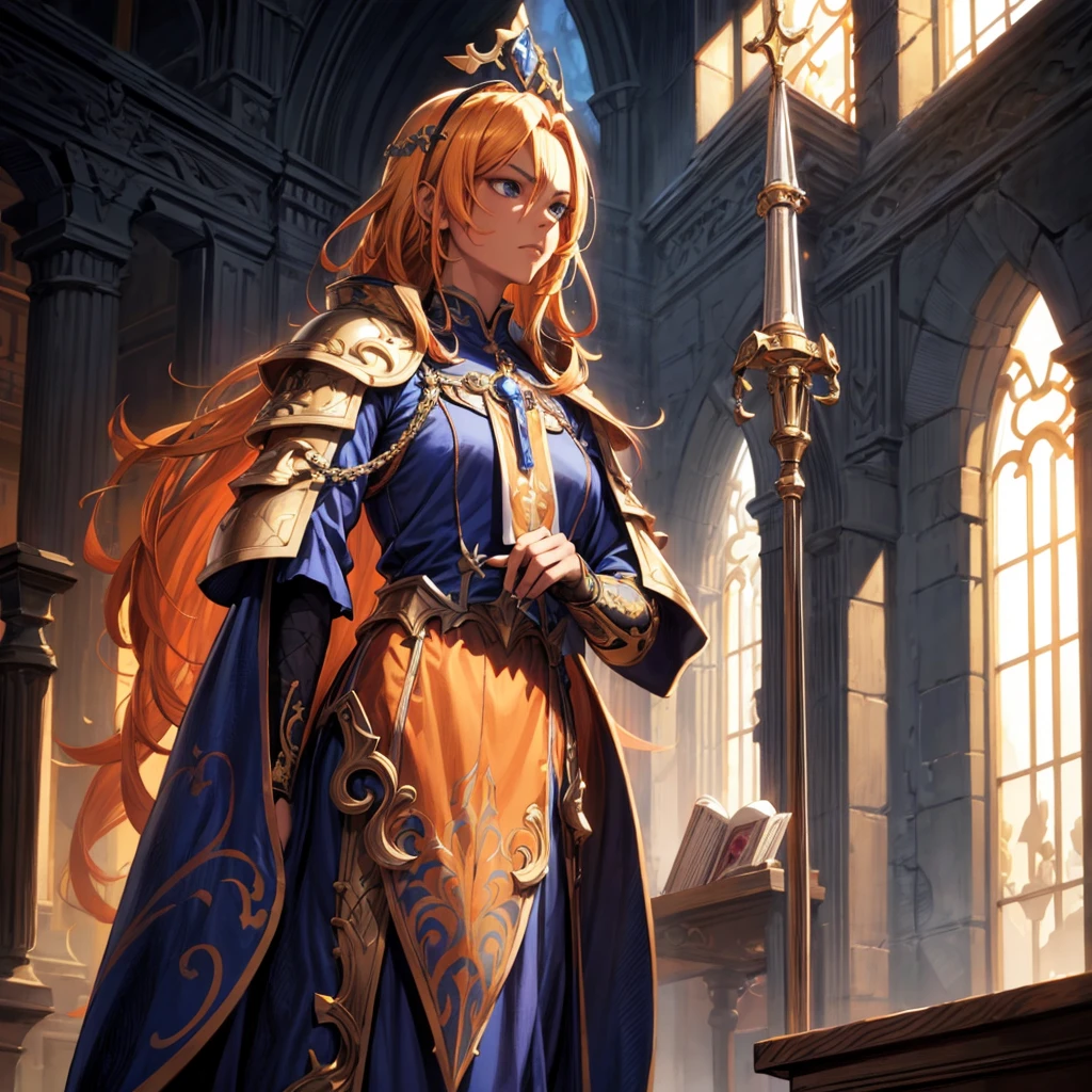 female, tanned skinned,priest,orange vestments,blonde hair,blue eyes,half plate armour,illustration,ultra-detailed,realistic,studio lighting,vivid colors,sharp focus,portraits,blue color palette,sunlight, ruby and sapphires