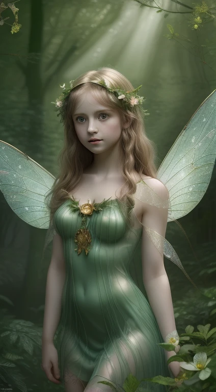 (masterpiece), high resolution, hd 8k, (1 Celtic fairy), , beautiful eyes, silky hair, detailed transparent wings, green dress: Pastel, with gold details, cinematic lighting, gloomy forest atmosphere, in a landscape with water and flowers, (shadows and light through the foliage)