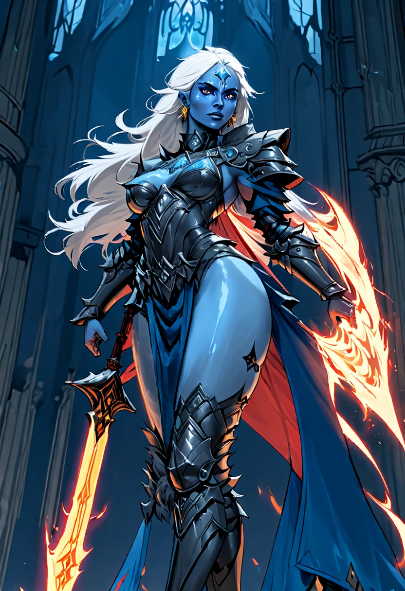 fantasy art, dnd art, RPG art, drkfntasy wide shot, (masterpiece: 1.4) facial portrait, intense details, highly detailed, photorealistic, best quality, highres, glowing particle portrait a vedalken female (fantasy art, Masterpiece, best quality: 1.3) (blue skin: 1.5), intense details facial details, exquisite beauty, (fantasy art, Masterpiece, best quality)cleric, divine warrior, messenger of god(blue colored skin: 1.5) blue skinned female, (white hair: 1.3), long hair, intense green eye, fantasy art, Masterpiece, best quality) armed a fiery rapier,  red fire, wearing heavy (white: 1.3) half plate mail armor CM-Beautiful_armor wearing high heeled laced boots, wearing an(orange :1.3) cloak, wearing glowing holy symbol GLOWING EARRINGS, within fantasy temple background, reflection light, high details, best quality, 16k, [ultra detailed], masterpiece, best quality, (extremely detailed), close up, ultra wide shot, photorealistic, RAW, fantasy art, dnd art, fantasy art, realistic art, (soft skin), slave outfit, armor, slave, bracers, shackles, black metal choker (heavy metal), ,Gorgeous Round Detailed Face,(Voluptuous),(Curvaceous:1.3)(Bimbo)(A MILF)(Sultry Pose),(Frivolous smile)