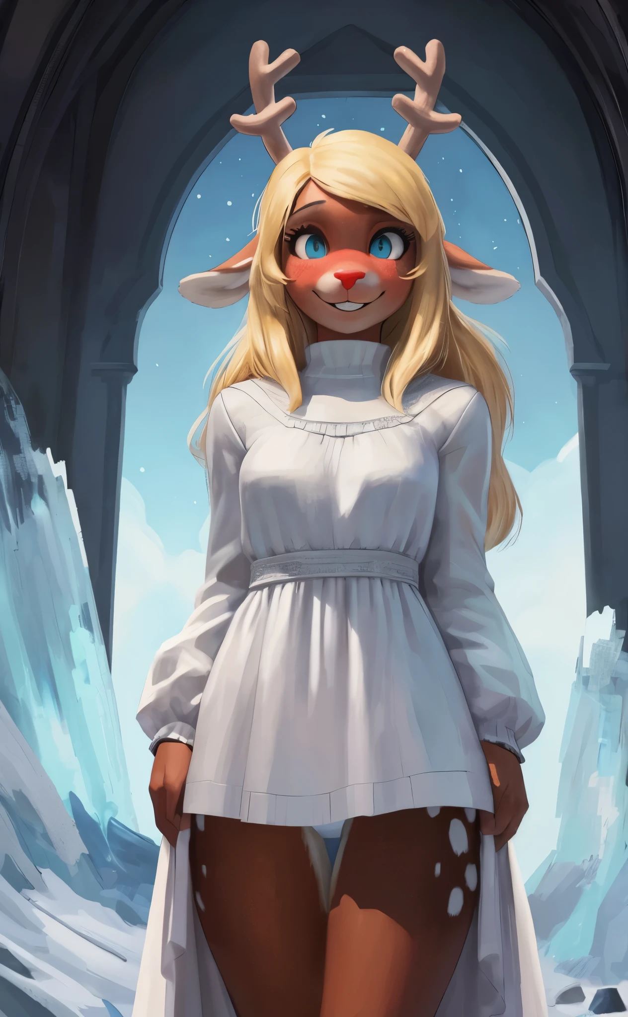[noelleholiday], [Deltarune], [Uploaded to e621.net; (Pixelsketcher), (wamudraws), (woolrool)], ((masterpiece)), ((HD)), ((highres)), ((solo portrait)), ((furry; anthro)), ((detailed fur)), ((detailed shading)), ((beautiful render art)), ((intricate details)), ((mystical)), ((D&D)), {anthro reindeer; (slim figure), brown fur, red nose, (cute cyan eyes), (short eyelashes), (reindeer antlers), (droopy deer ears), long blonde hair, short fluffy tail, (white spots on thighs), (beautiful defined legs), (blushing), (cute smile)}, {(long white dress), (long sleeves), (upskirt white panties)}, {(standing), (arms behind back), (looking at viewer)}, [background; (snowy plains), (luminescent crystals), (cosmic sky), (ambient lighting)]