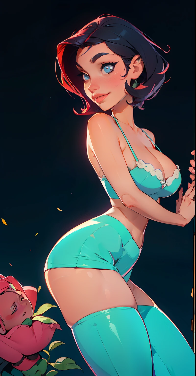 1femme, cheveux bruns ondulés, yeux , visage sournois , sourire affecté , Lingerie rose ,Seins serrés l'un contre l'autre , ventre, gros seins, jambes allongées , tiens-toi sur tes hanches..., Délicat et sexy (clavicule:1.3),Nuit, mouillée (en sueur, trempé)