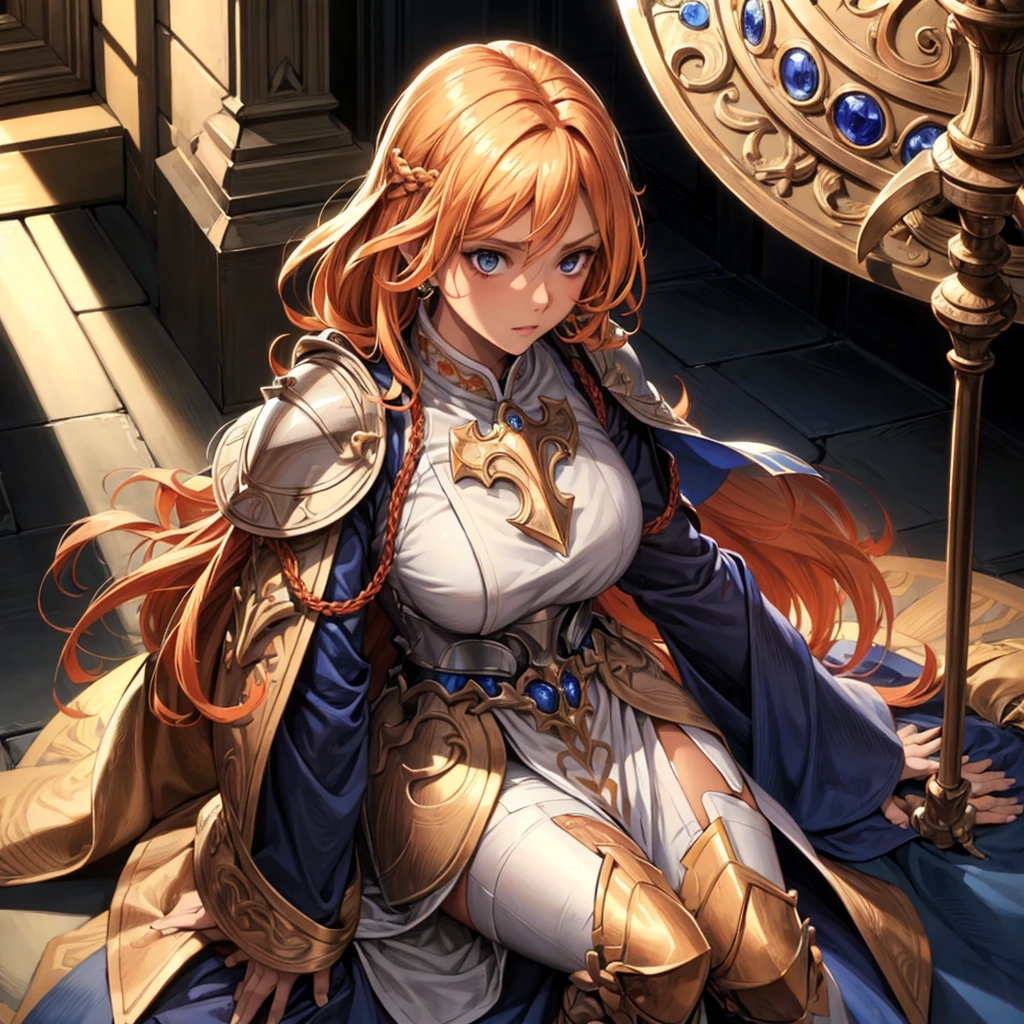 female, tanned skinned,priest,orange vestments,blonde hair,blue eyes,half plate armour,illustration,ultra-detailed,realistic,studio lighting,vivid colors,sharp focus,portraits,blue color palette,sunlight, ruby and sapphires