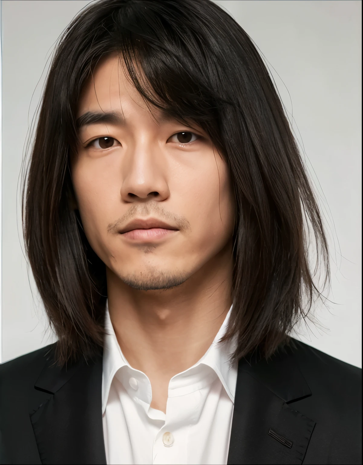 A hard-faced man with a pale complexion and Asian appearance,que tenga el pelo largo y rojizo,que tenga un aire oscuro y luzca mayor de 30.