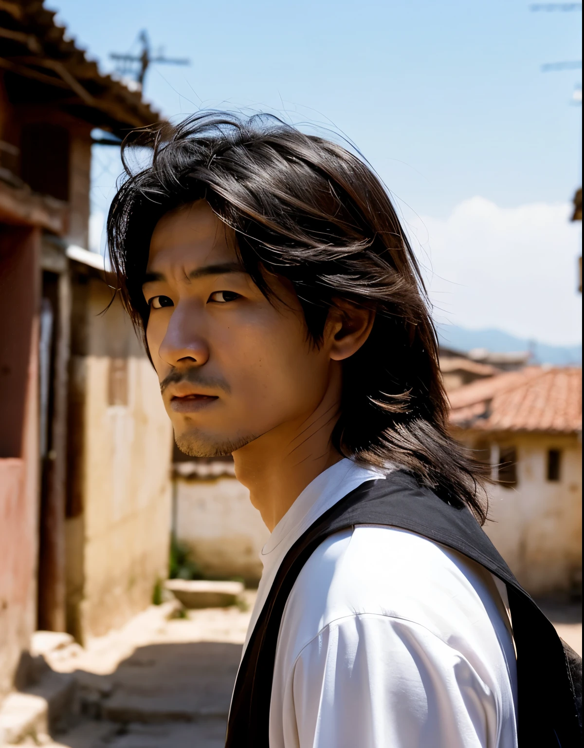 A hard-faced man with a pale complexion and Asian appearance,que tenga el pelo largo y rojizo,que tenga un aire oscuro y luzca mayor de 30.