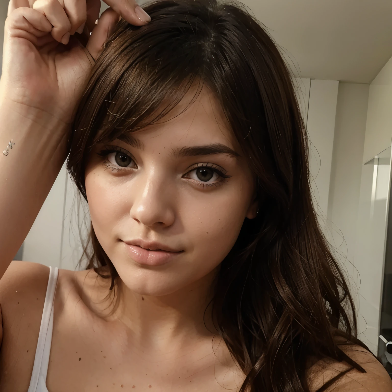 xoaeriel, a beautiful woman with wavy brown hair, ojos azules, nariz redonda, vistiendo un cohete de equipo,uniforme del equipo cohete,falda blanca,letra roja R,top corto,medias negras hasta el muslo,guantes negros hasta el codo,hiperealista,NSFW