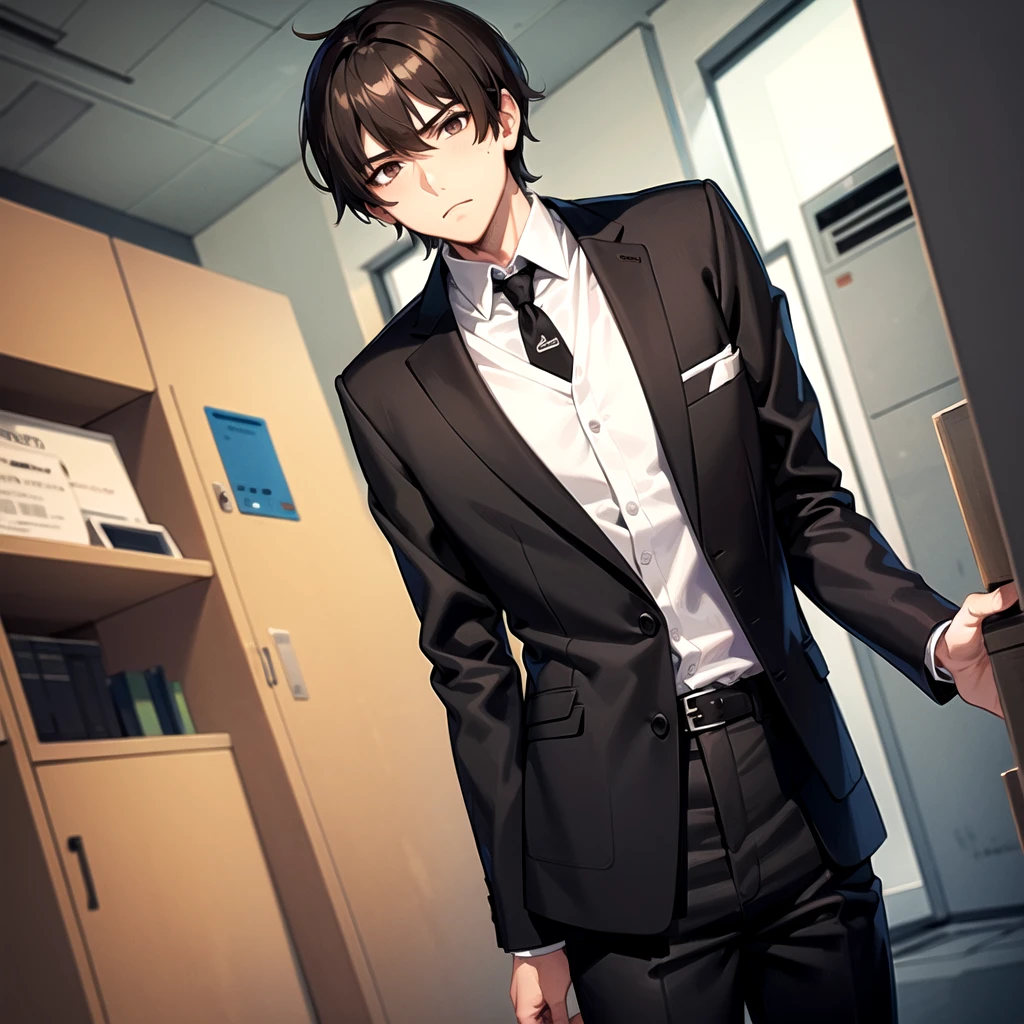 masterpiece, best quality, 1boy, solo, mature male, short hair, brown hair, hazel eyes, black jacket, white shirt, collared shirt, black tie, necktie, black pants, office, looking at viewer, frown