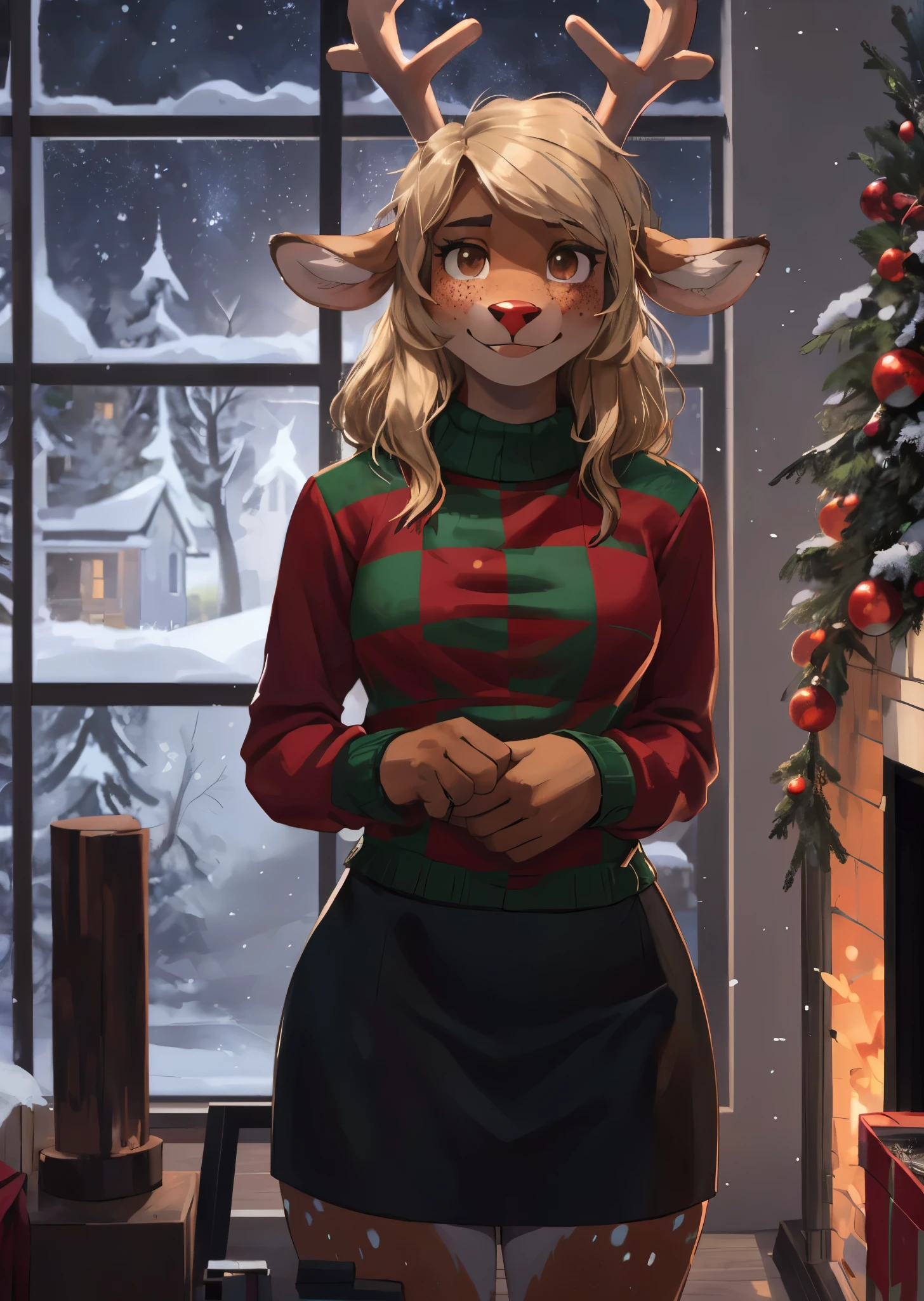 [noelleholiday], [Deltarune], [Uploaded to e621.net; (Pixelsketcher), (wamudraws), (woolrool)], ((masterpiece)), ((HD)), ((highres)), ((solo portrait)), ((front view)), ((waist up)), ((furry; anthro)), ((detailed fur)), ((detailed shading)), ((beautiful render art)), ((intricate details)), {anthro deer; brown fur, red nose, brown eyebrows, (cute freckles), cute brown eyes, (short eyelashes), (deer antlers), long blonde hair, short fluffy tail, (beautiful defined legs), (blushing), (nervous smirk)}, {(green and red white-collared checkered sweater), (black sleeves), (short black pencil skirt)}, {(standing), (twirling hair), (looking at viewer)}, [background; (living room), (fireplace), (christmas decorations), (window), (snow in window), (starry sky)]