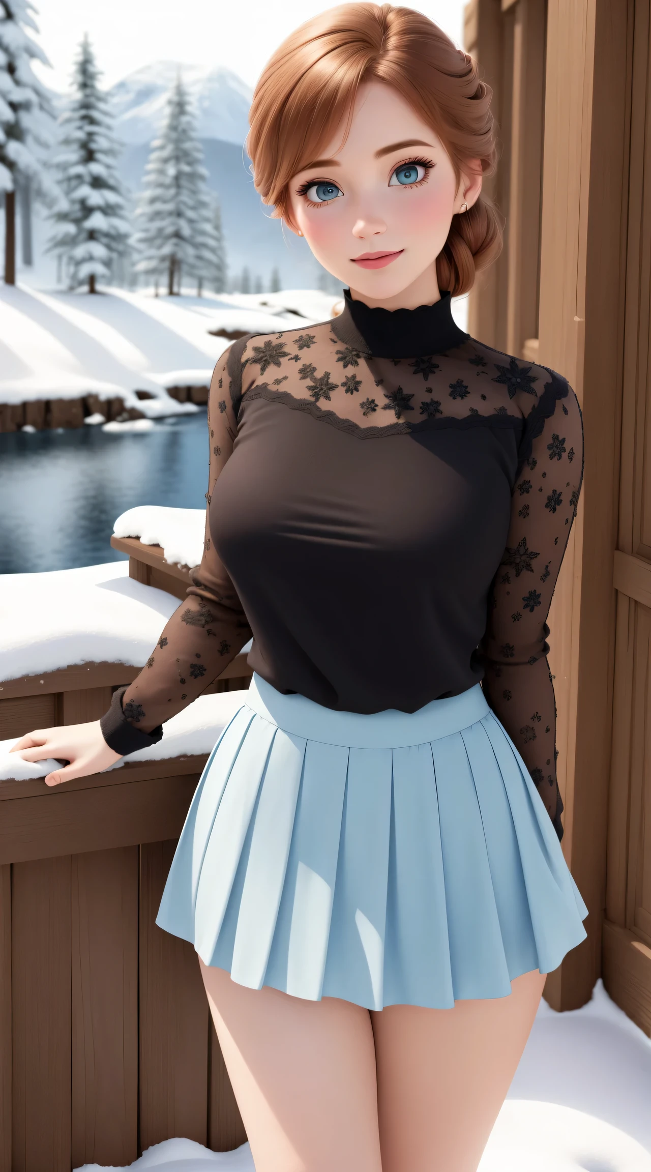 woman, ((Masterpiece, best quality)), detailed skin, Anna from Frozen clothes, highly detailed, cinematic lighting, ultra realistic, blush, looking at viewer,  anna, anna from frozen, princess, disney, brown hair, long hair, portrait, outdoor, snow,  cleavage,  large breasts,  wide hips, full body view, tall, 
skirt, miniskirt, microskirt, pleated skirt, thighs,