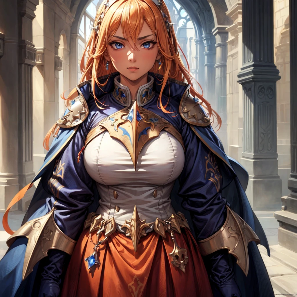 female, tanned skinned,priest,orange vestments,blonde hair,blue eyes,half plate armour,illustration,ultra-detailed,realistic,studio lighting,vivid colors,sharp focus,portraits,blue color palette,sunlight, ruby and sapphires