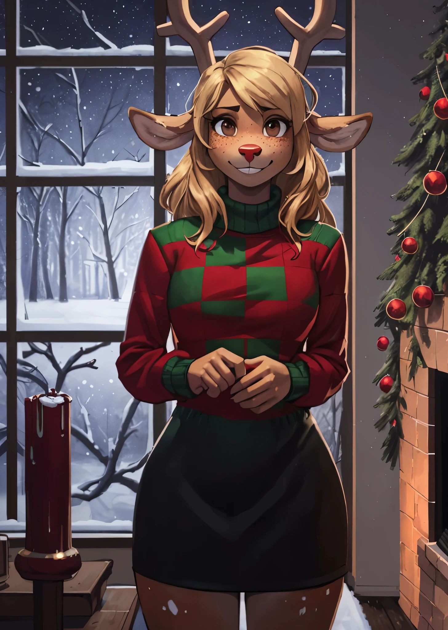 [noelleholiday], [Deltarune], [Uploaded to e621.net; (Pixelsketcher), (wamudraws), (woolrool)], ((masterpiece)), ((HD)), ((highres)), ((solo portrait)), ((front view)), ((waist up)), ((furry; anthro)), ((detailed fur)), ((detailed shading)), ((beautiful render art)), ((intricate details)), {anthro deer; brown fur, red nose, brown eyebrows, (cute freckles), cute brown eyes, (short eyelashes), (deer antlers), long blonde hair, short fluffy tail, (beautiful defined legs), (blushing), (nervous smirk)}, {(green and red white-collared checkered sweater), (black sleeves), (short black pencil skirt)}, {(standing), (twirling hair), (looking at viewer)}, [background; (living room), (fireplace), (christmas decorations), (window), (snow in window), (starry sky)]