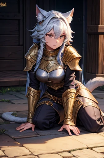 Female Tabaxi paladin, full chain mail, lawful evil, fantasy city background