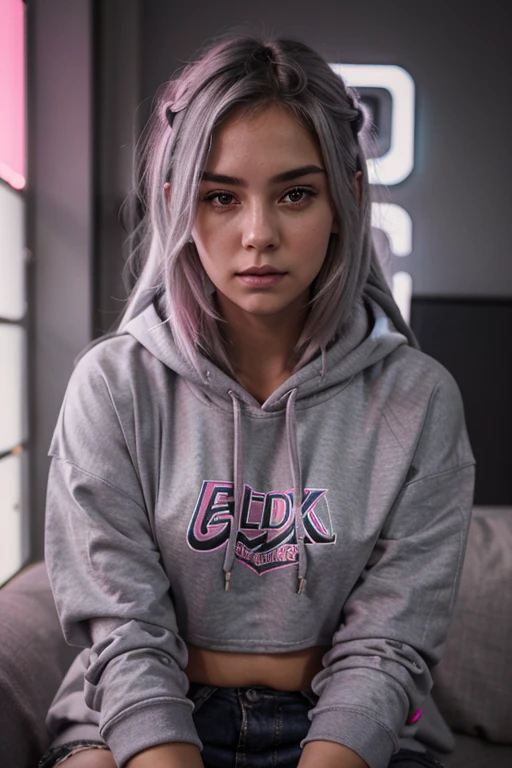 full portrait of young woman, grey hair, front view, 20 years, young, pink hoodie, sitting front of camera, sympathetic, symmetric face, beautiful, masterpiece, hyper detailed, dramatic, neon light