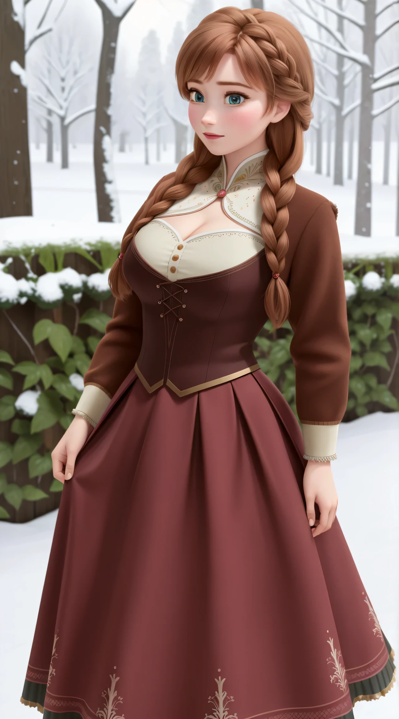 woman, ((Masterpiece, best quality)), detailed skin, highly detailed, cinematic lighting, ultra realistic, blush, looking at viewer,  anna, anna from frozen, princess, disney, brown hair, long hair, portrait, outdoor, snow,  cleavage,  large breasts,  wide hips, full body view, tall, 
skirt, miniskirt, microskirt, pleated skirt, thighs,