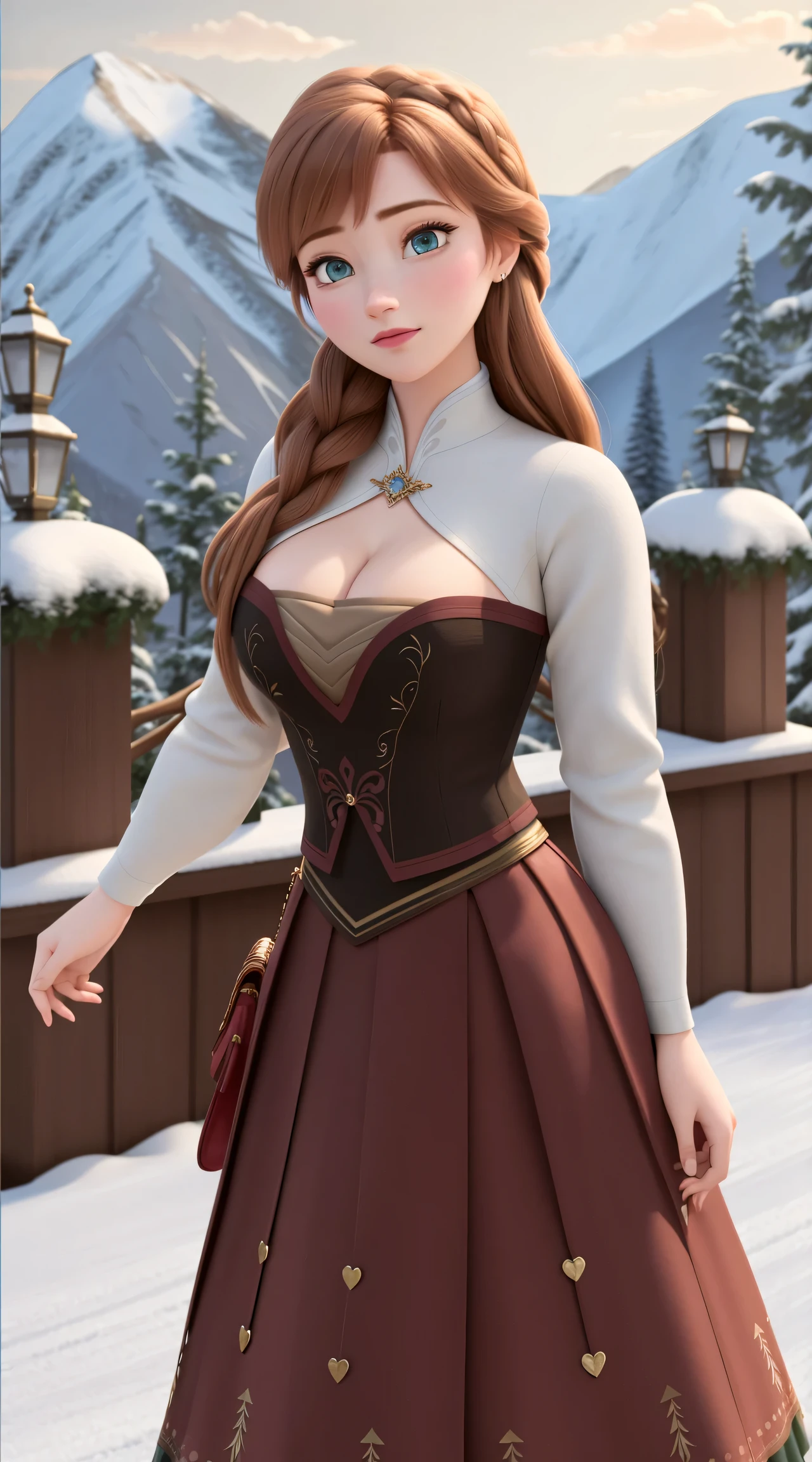 woman, ((Masterpiece, best quality)), detailed skin, highly detailed, cinematic lighting, ultra realistic, blush, looking at viewer, anna, anna from frozen, princess, disney, brown hair, long hair, portrait, outdoor, snow, cleavage, large breasts, wide hips, full body view, tall,
skirt, miniskirt, microskirt, pleated skirt, thighs,