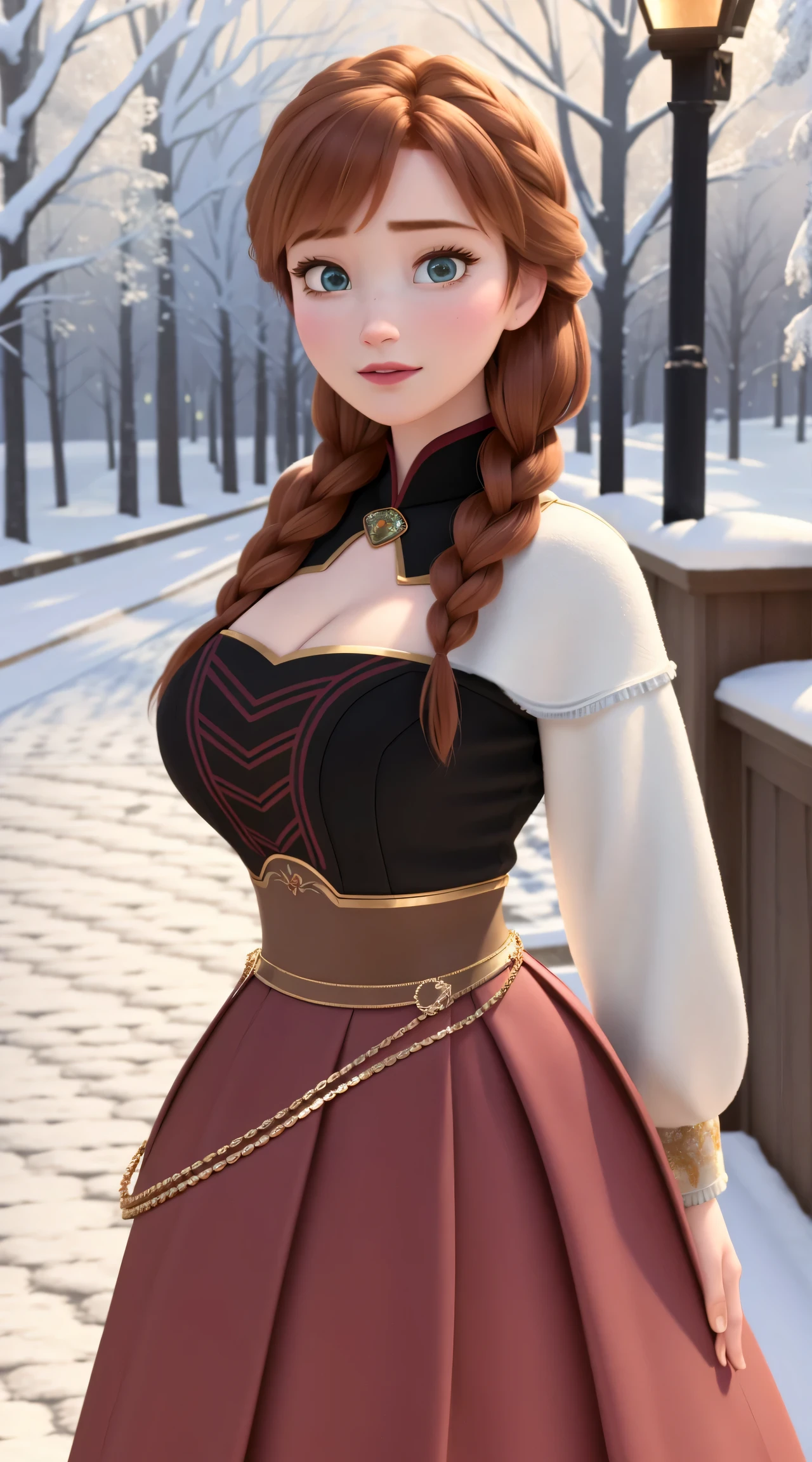 woman, ((Masterpiece, best quality)), detailed skin, highly detailed, cinematic lighting, ultra realistic, blush, looking at viewer, anna, anna from frozen, princess, disney, brown hair, long hair, portrait, outdoor, snow, cleavage, large breasts, wide hips, full body view, tall,
skirt, miniskirt, microskirt, pleated skirt, thighs,