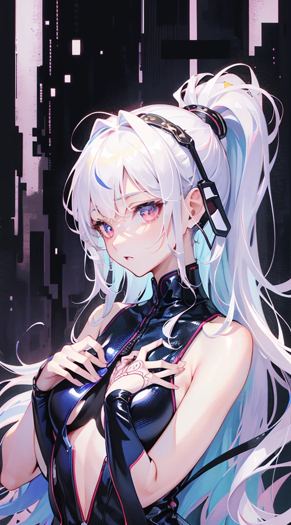 cropped torso upper body,Perfect female body,side poneyTail,White hair,Red Eyes,arms behind her back,to stand,鎖骨,barechested,medium breasts,((White background)),(((Detailed Manga Illustration))),(((intricate-detail))),masuter piece, Undressed、全barechestedやん、expose her nude chest、Chest Small Size、Exposing thighs、The genitals between the crotches are visible、chest is not covered、