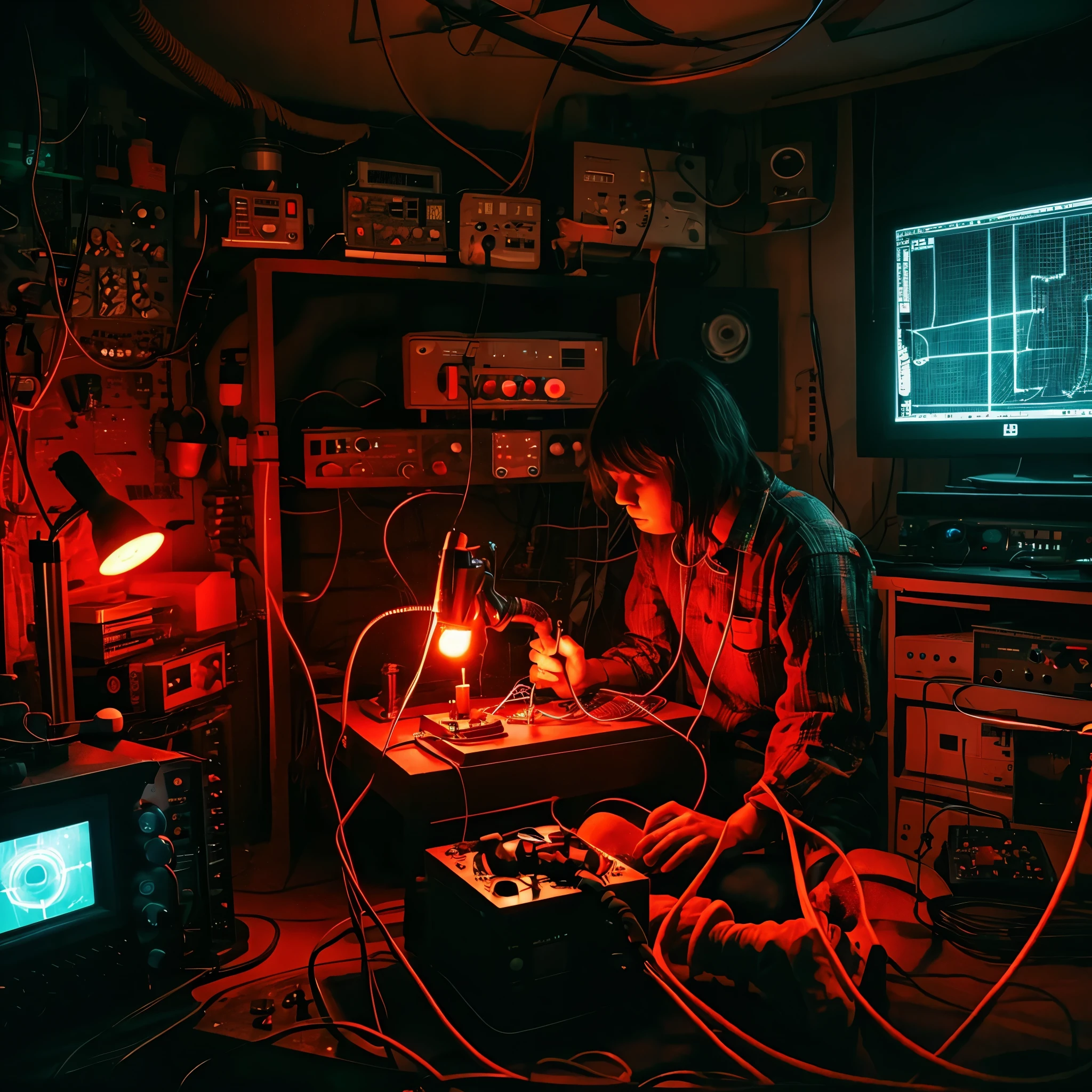oscilloscope、darkened room、red lights、soldering iron、Emo Room、Wiring cables to record neural activity、Looks like there's a mat scientist、