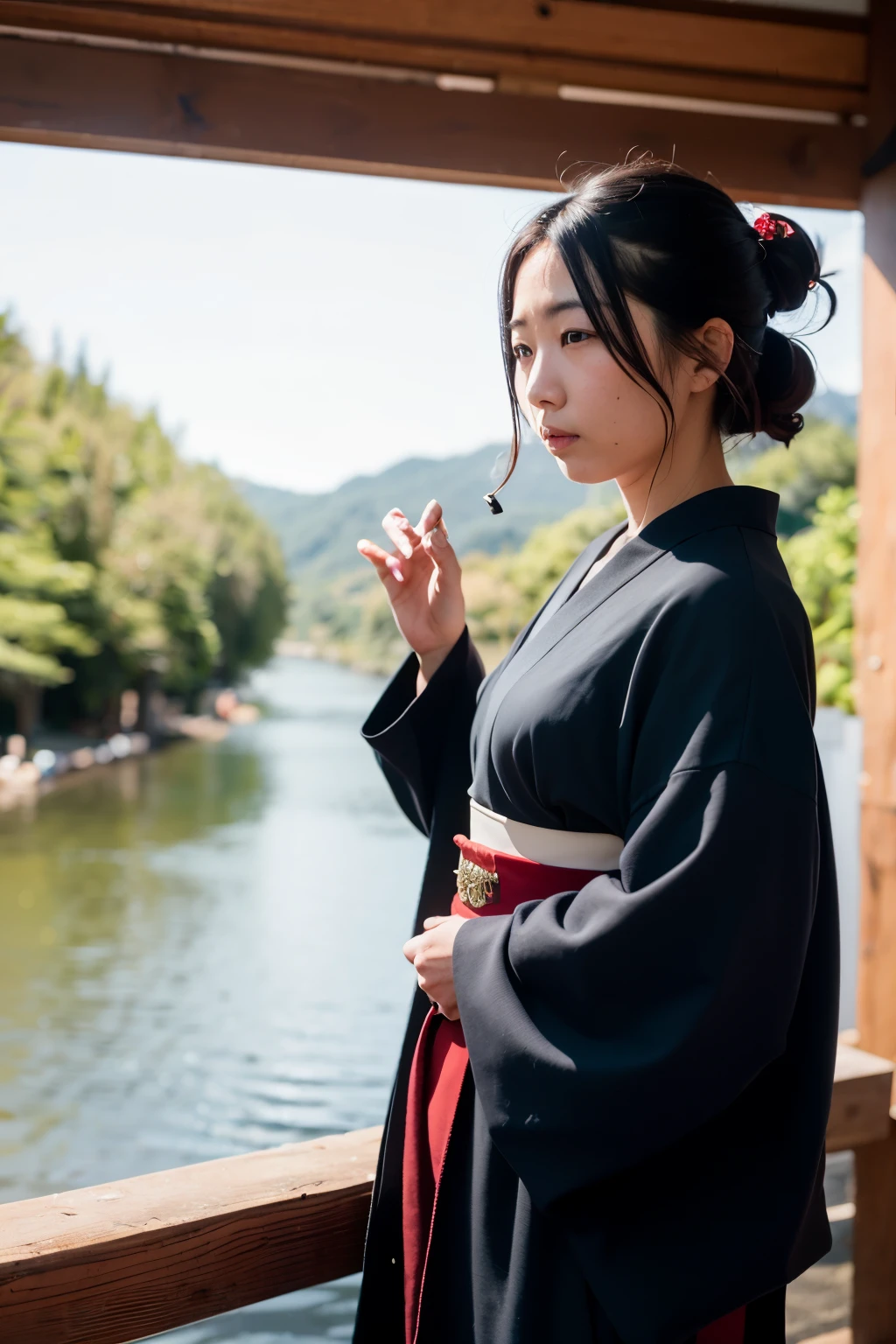 A Japanese samurai woman smoking in a black dress with red rose motifs is standing by the river and looking at the horizon