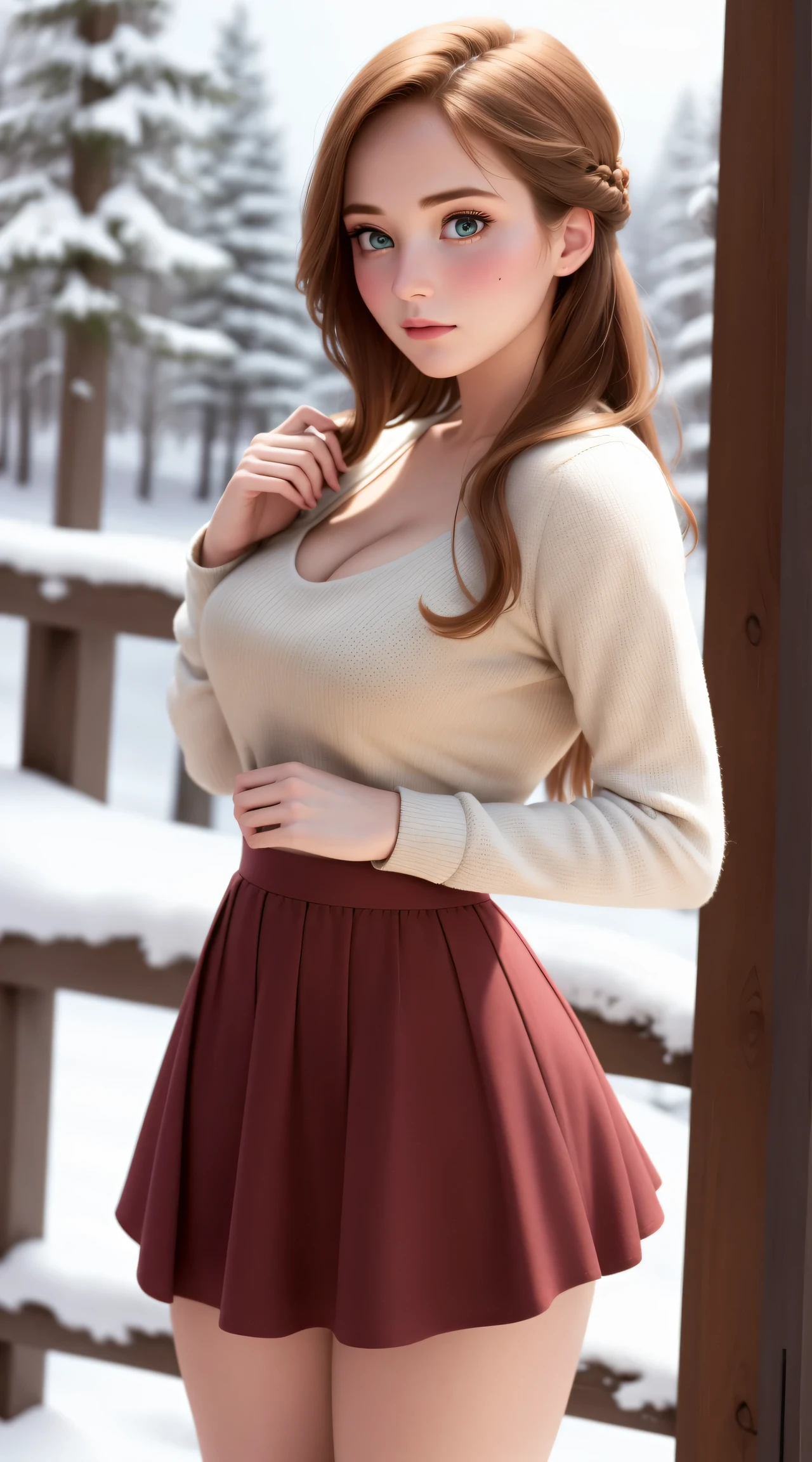 woman, ((Masterpiece, best quality)), full body view, sexy, bursting huge breasts, detailed skin, Anna from Frozen clothes, highly detailed, cinematic lighting, ultra realistic, blush, looking at viewer, anna, anna from frozen, princess, disney, brown hair, long hair, portrait, outdoor, snow, cleavage, large breasts, wide hips, full body view, tall,
skirt, miniskirt, microskirt, pleated skirt, thighs,