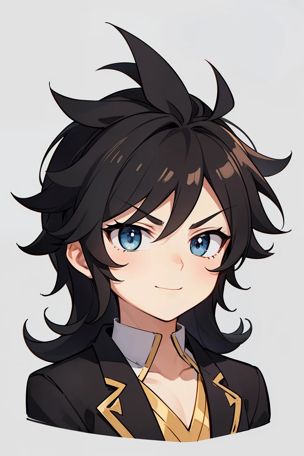 (high-quality, breathtaking),(expressive eyes, perfect face) 1boy, male, solo, young kid, child, black hair, blue coloured eyes, stylised hair, gentle smile, medium length hair, loose hair, side bangs, curley hair, really spiky hair, spiked up hair, looking at viewer, portrait, ancient greek clothes, black long sleeved tunic, gold trim around collar edges and down middle, greek, red and gold sash, simple background, laurel accessory, slightly narrow eyes, masculine face, masculine eyes, baby face, small body, 36½ inches tall, chibi art style, 6 years old, happy expression, neutral eyebrows