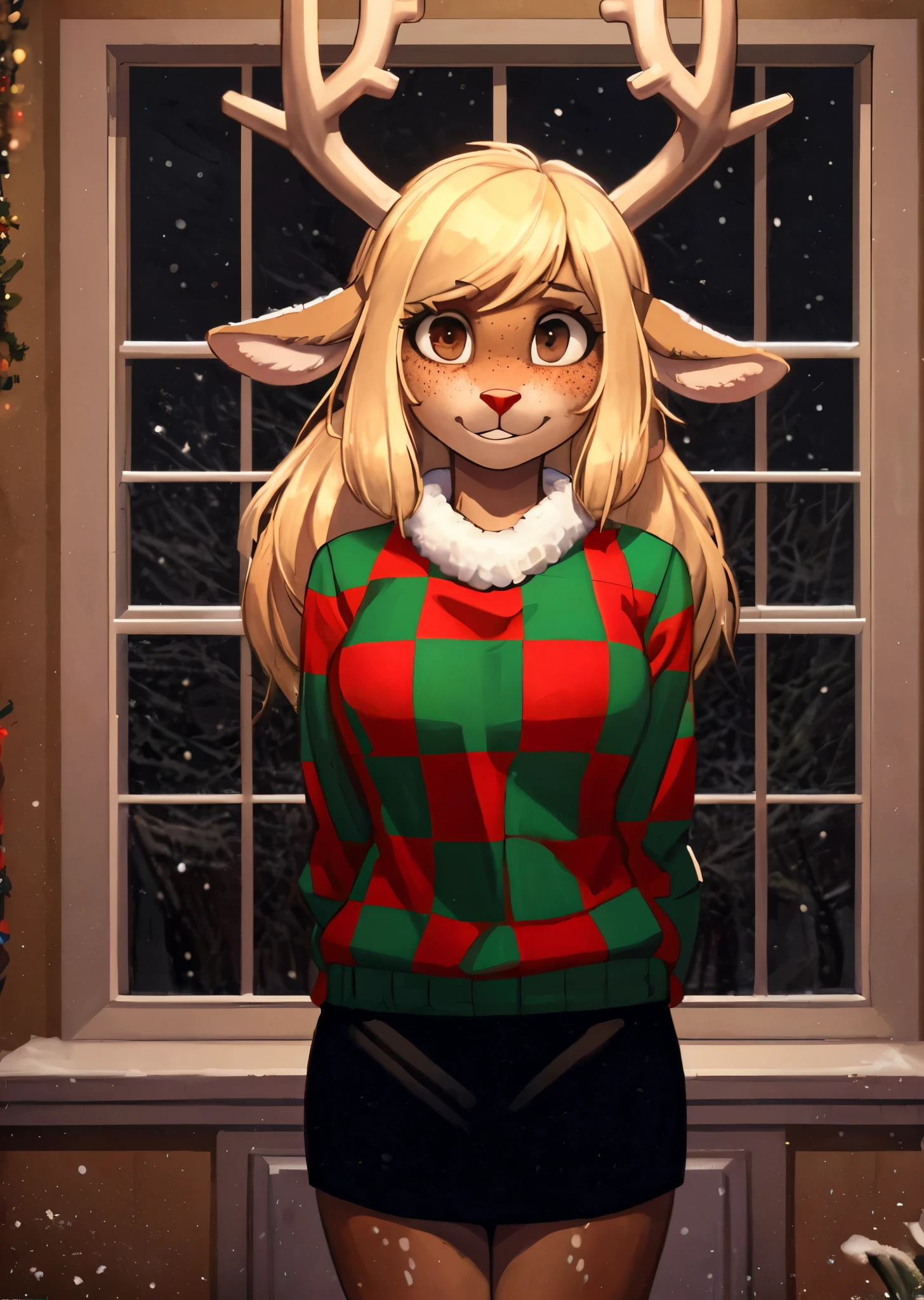 [noelleholiday], [Deltarune], [Uploaded to e621.net; (Pixelsketcher), (wamudraws), (woolrool)], ((masterpiece)), ((HD)), ((highres)), ((solo portrait)), ((front view)), ((waist up)), ((furry; anthro)), ((detailed fur)), ((detailed shading)), ((beautiful render art)), ((intricate details)), {anthro deer; brown fur, red nose, brown eyebrows, (cute freckles), cute brown eyes, (short eyelashes), (deer antlers), long blonde hair, short fluffy tail, (beautiful defined legs), (blushing), (nervous smirk)}, {(green and red white-collared checkered sweater), (black sleeves), (short black pencil skirt)}, {(standing), (looking at viewer)}, [background; (living room), (fireplace), (christmas decorations), (window), (snow in window), (starry sky)]